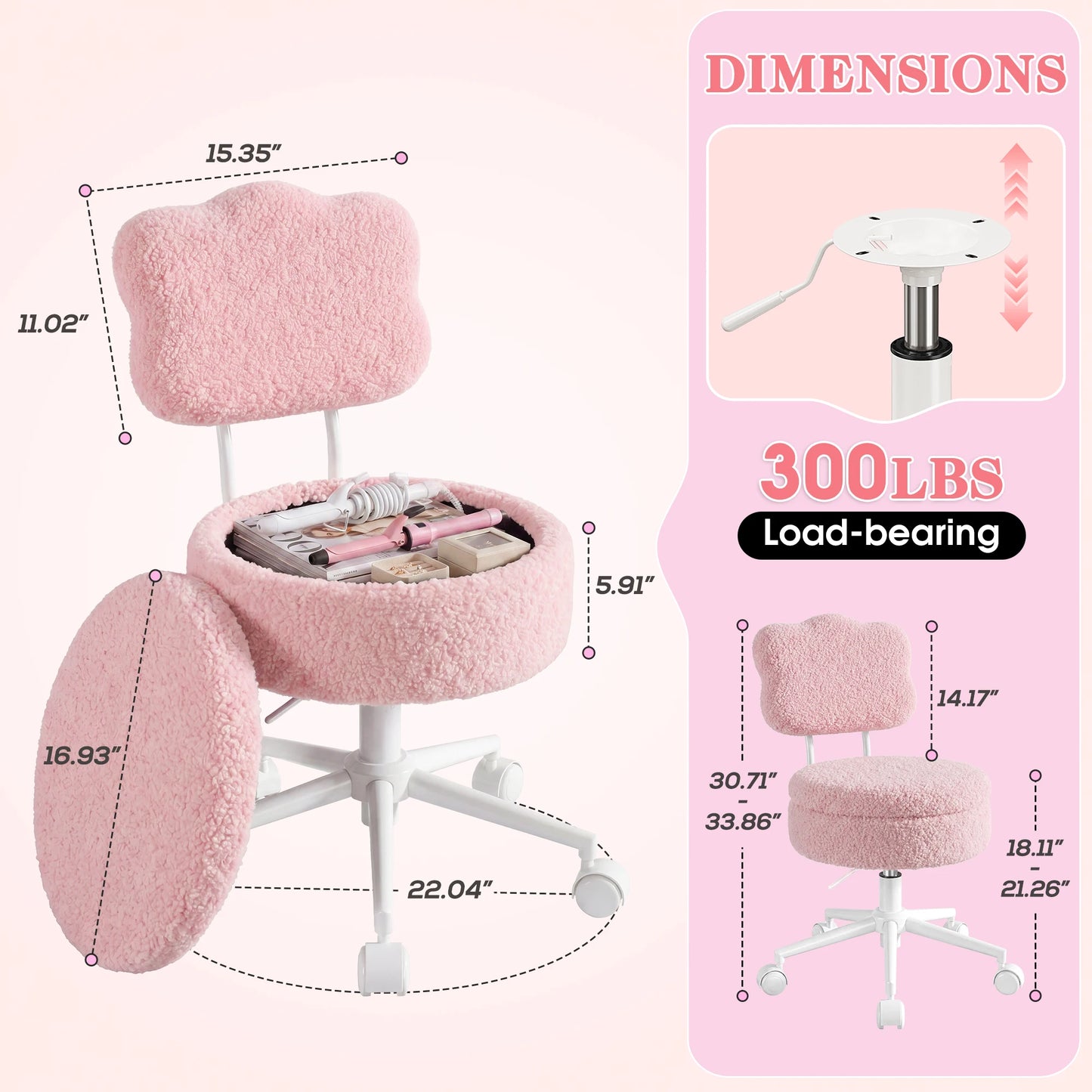 Adjustable Vanity Chair With Swivel Seat And Storage Shelf