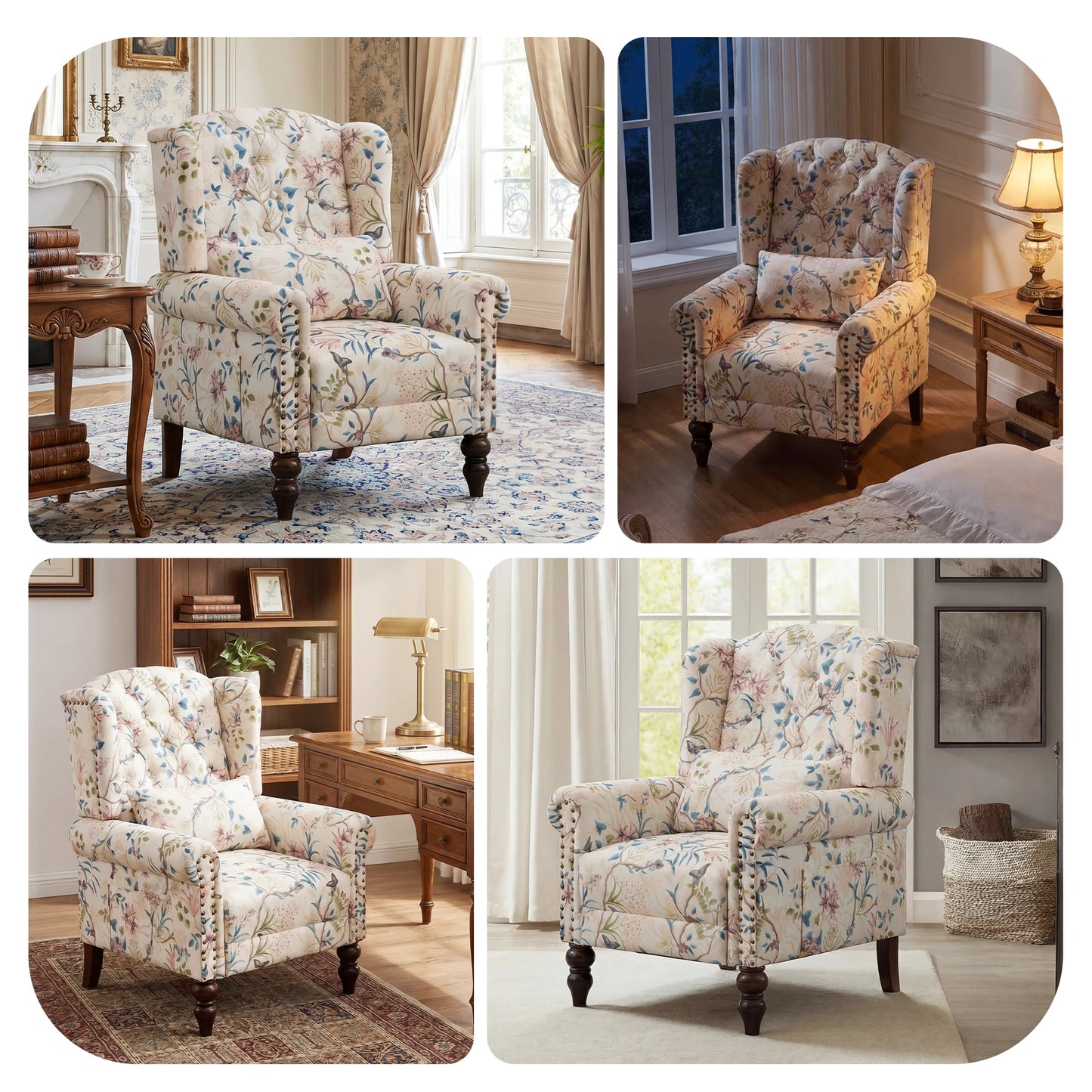 TCGBKAF Mid Century Modern Floral Fabric Wingback Accent Chair