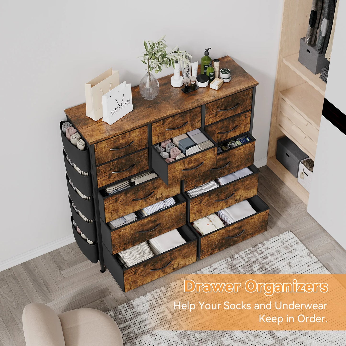 HiMiss 12 Drawer Bedroom Dresser With Metal Frame Top