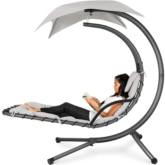 Curved Steel Outdoor Hanging Chaise Lounge Removable Canopy Pillow