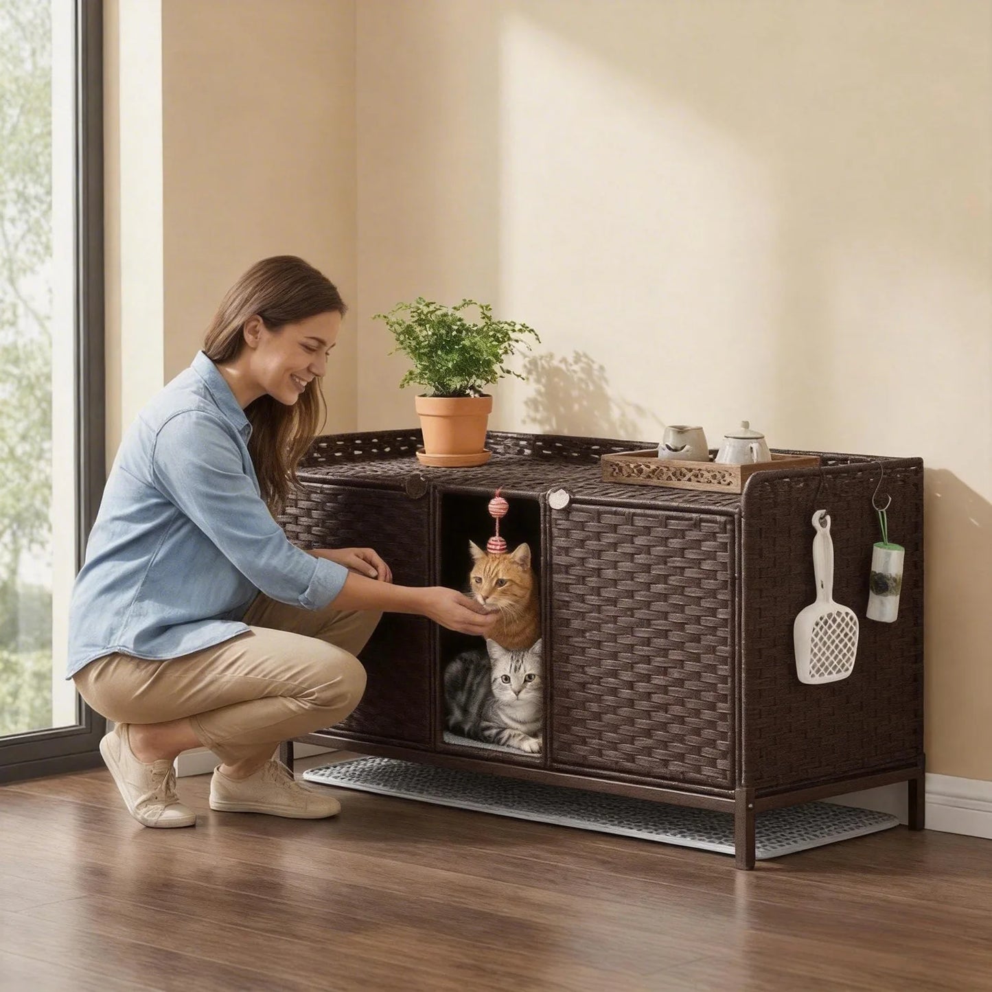 DishyKooker Hidden Cat Litter Box Enclosure Side Table Wicker Rattan