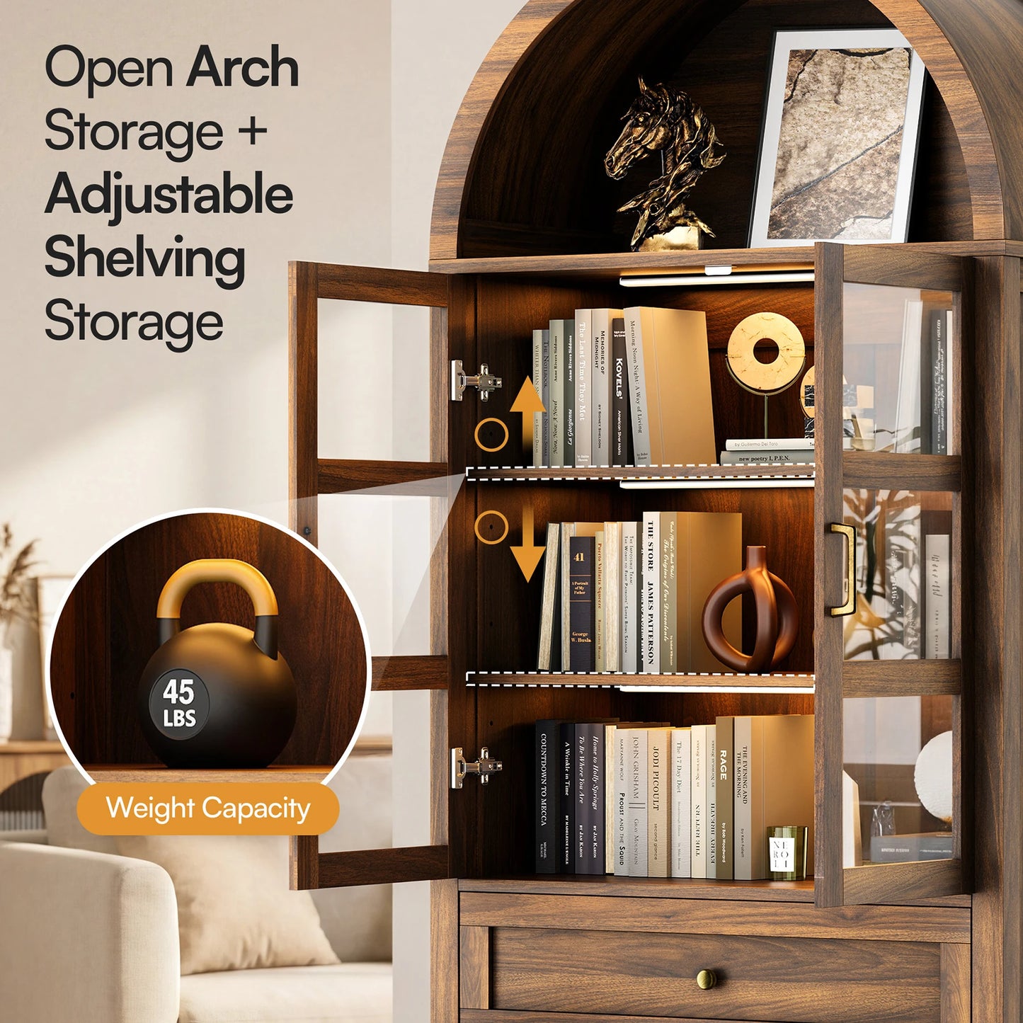 Furgle Arched Wood Storage Cabinet With Adjustable Shelves And Led Lights