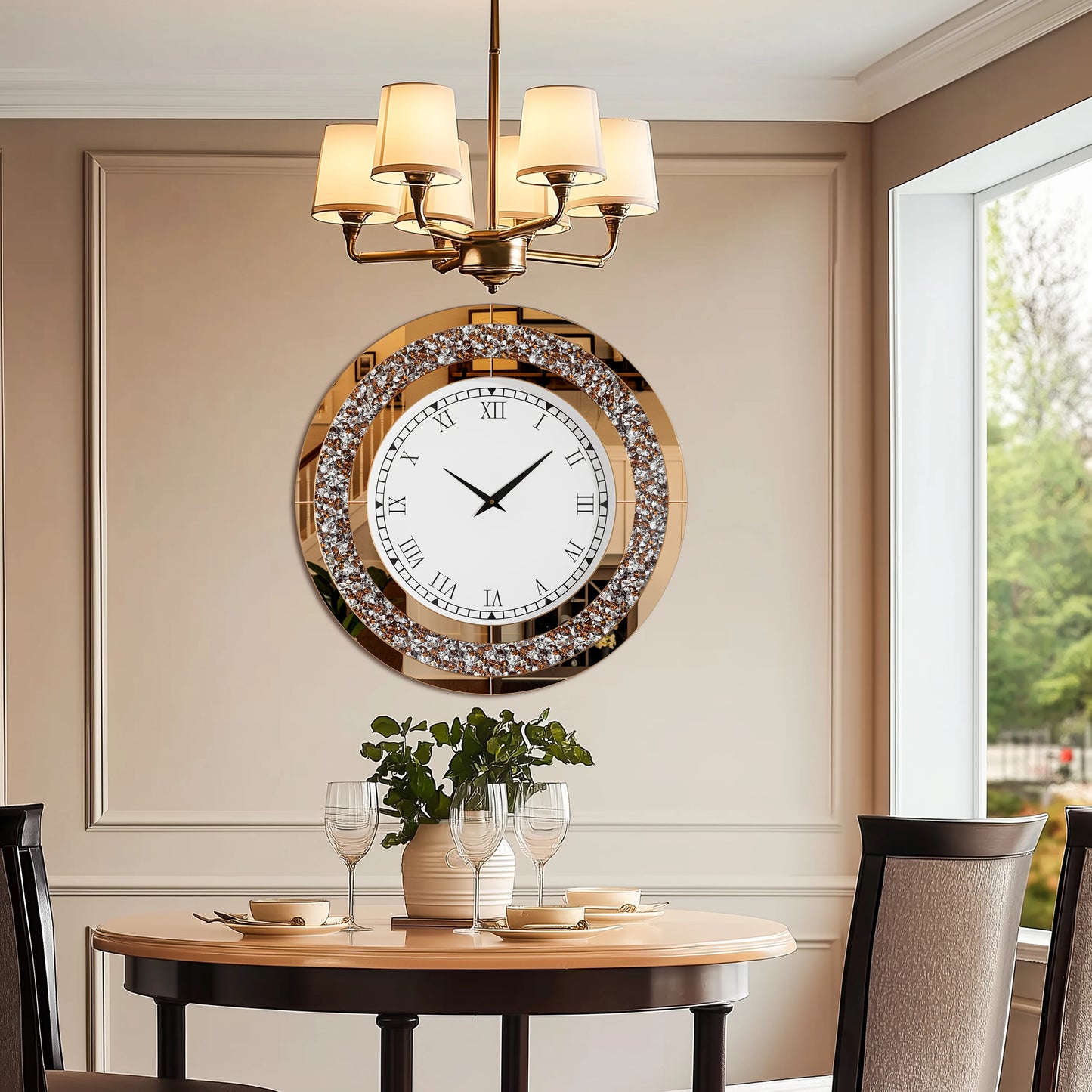 Round Mirrored Wall Clock Featuring Crystal Details And Alarm