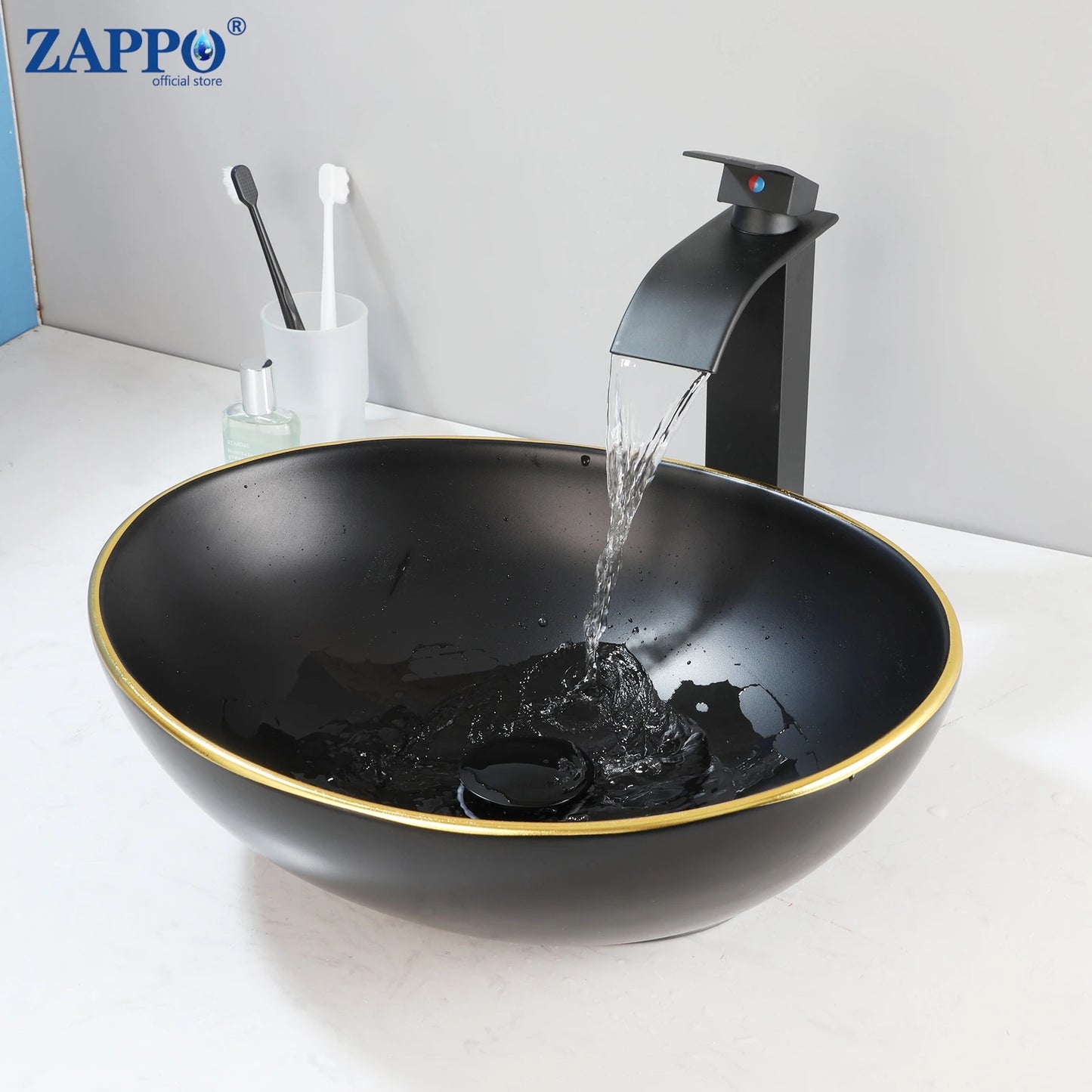 Mekkhal Ceramic Vessel Sink Set With Waterfall Faucet For Bathroom