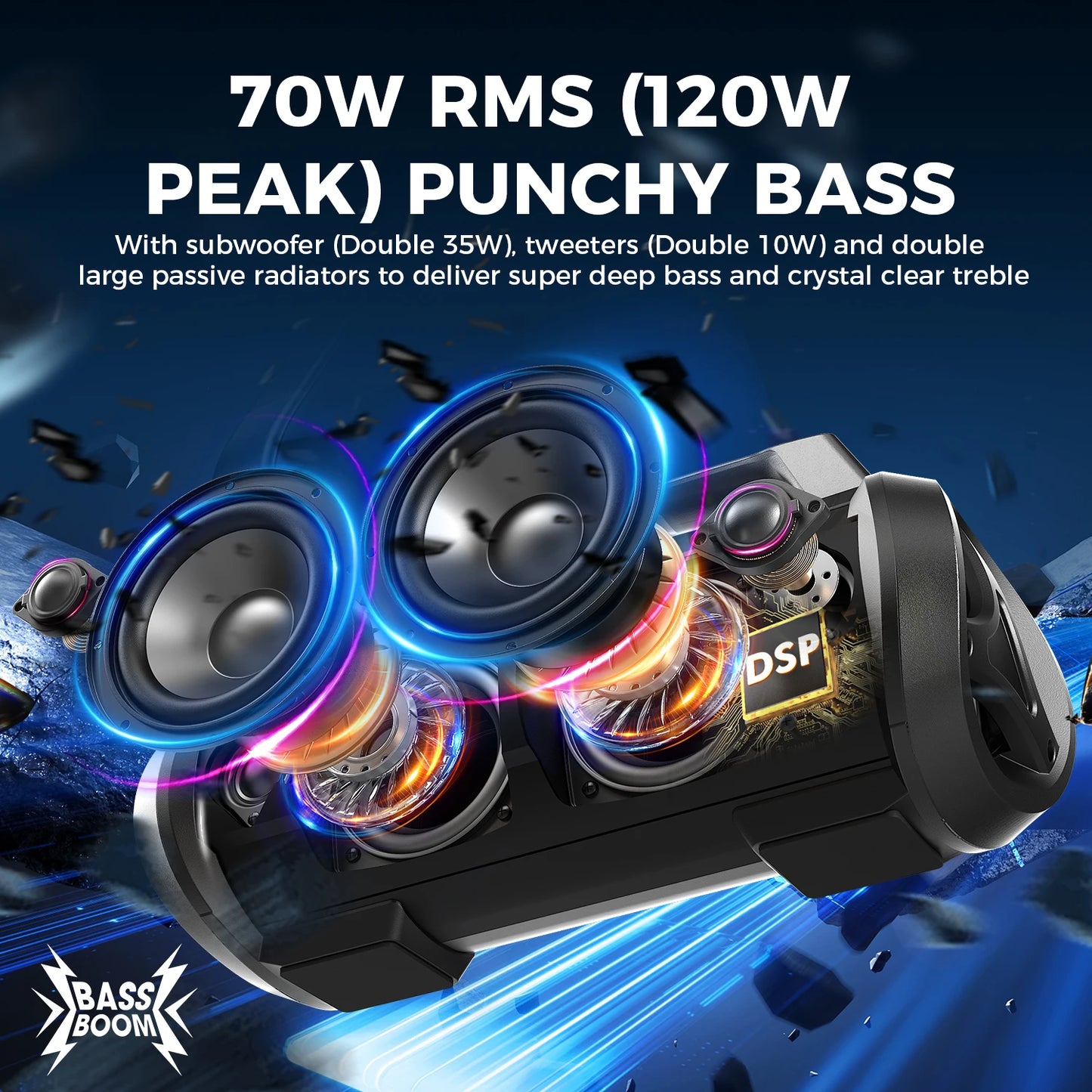 W-King 70W RMS Portable Bluetooth Speaker With Waterproof Bass Boost