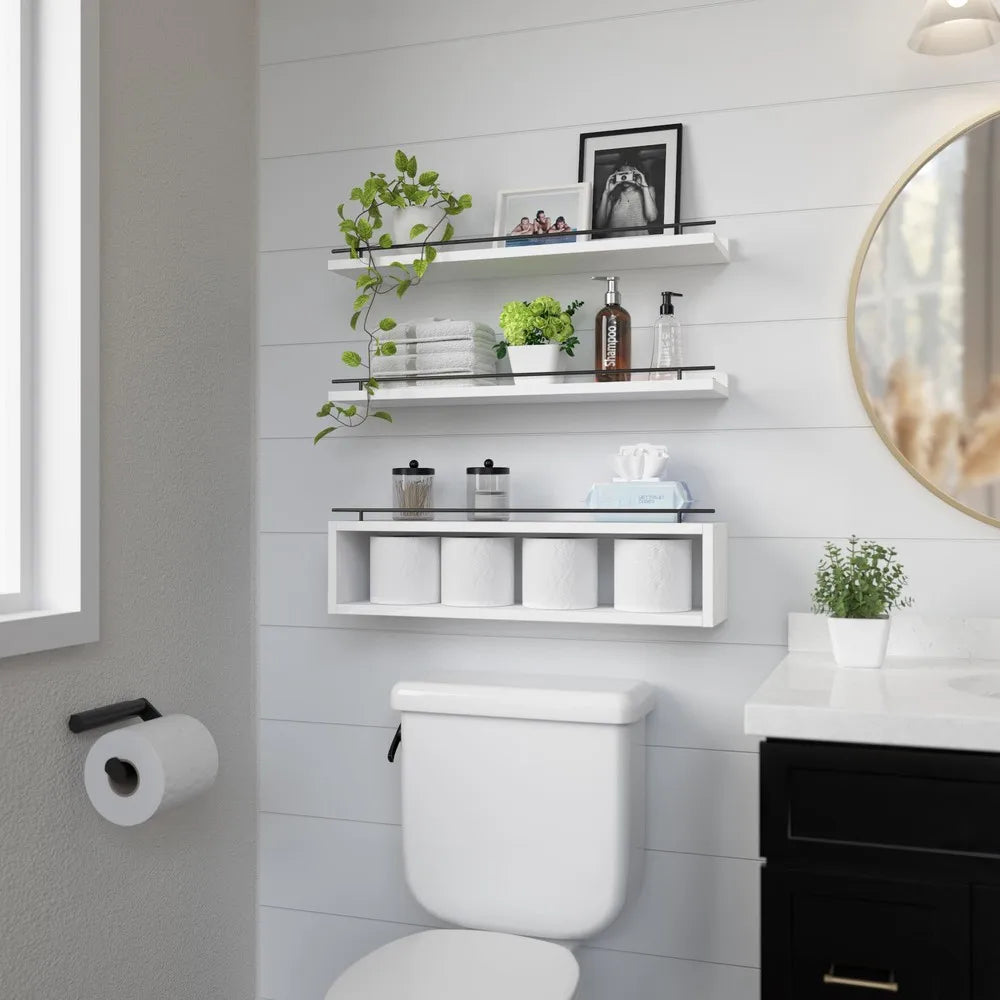 Wall Mounted Wooden Bathroom Shelf With Guardrail And Paper Rack