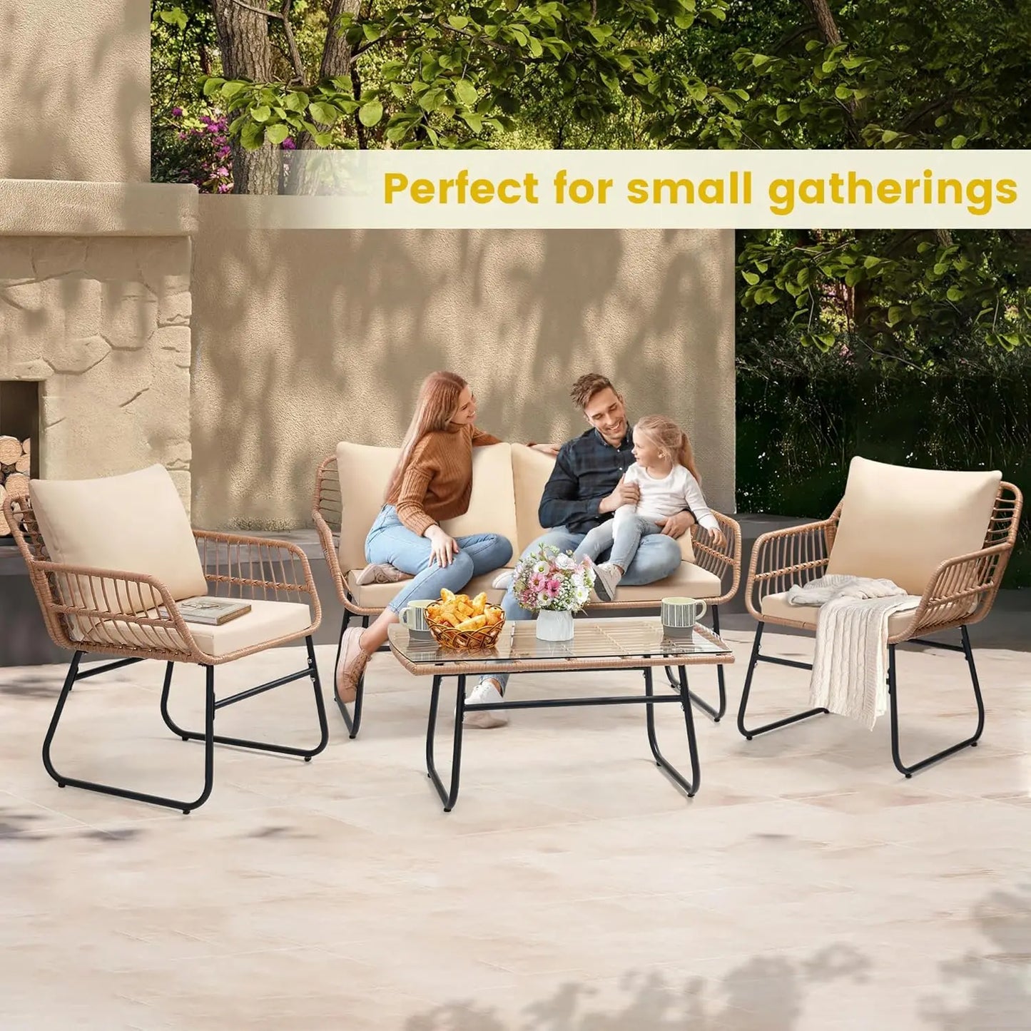 4 Piece Patio Bistro Outdoor Furniture Set Wicker Sofa and Table for Backyard