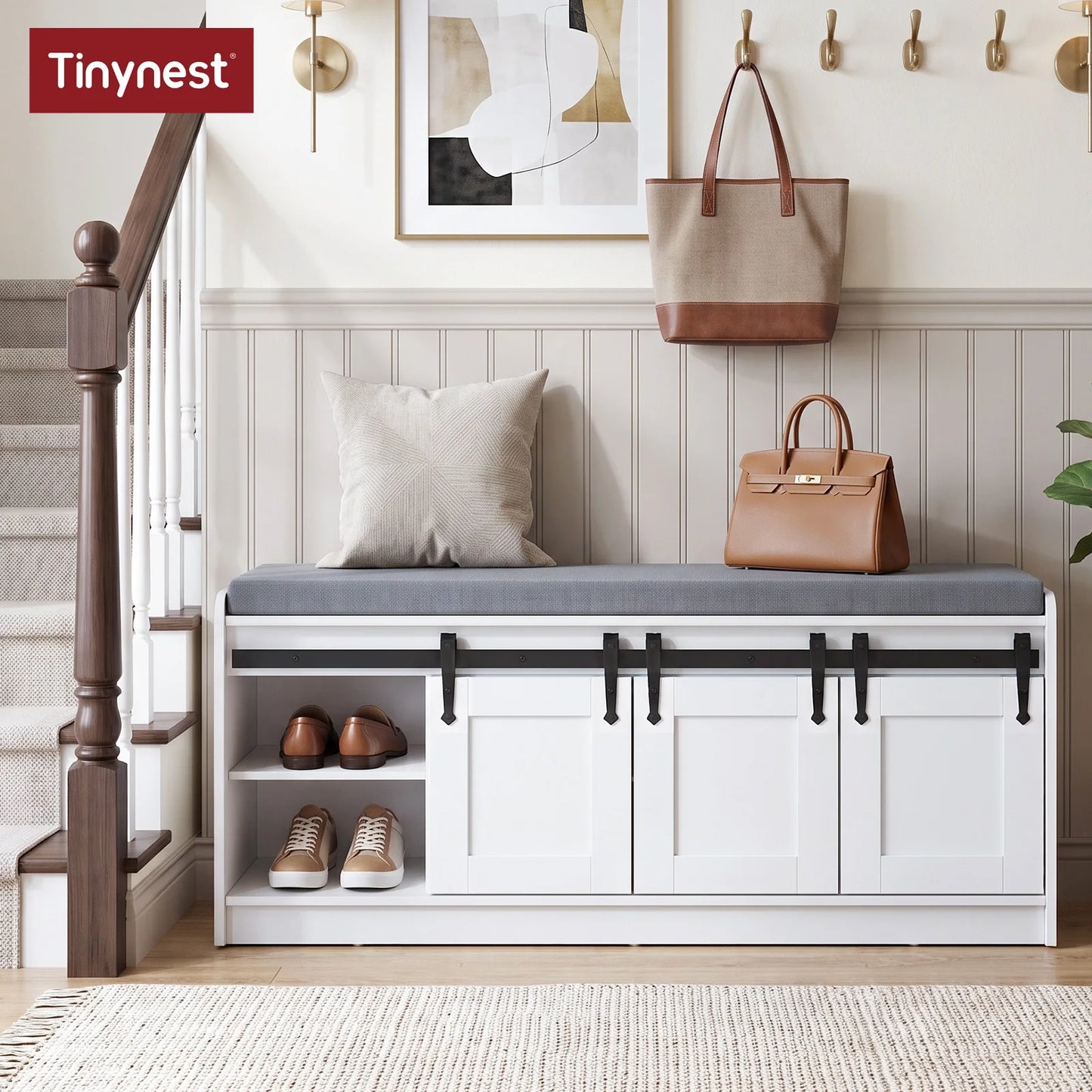 TinyNest Farmhouse Shoe Bench With Padded Seat And Sliding Doors