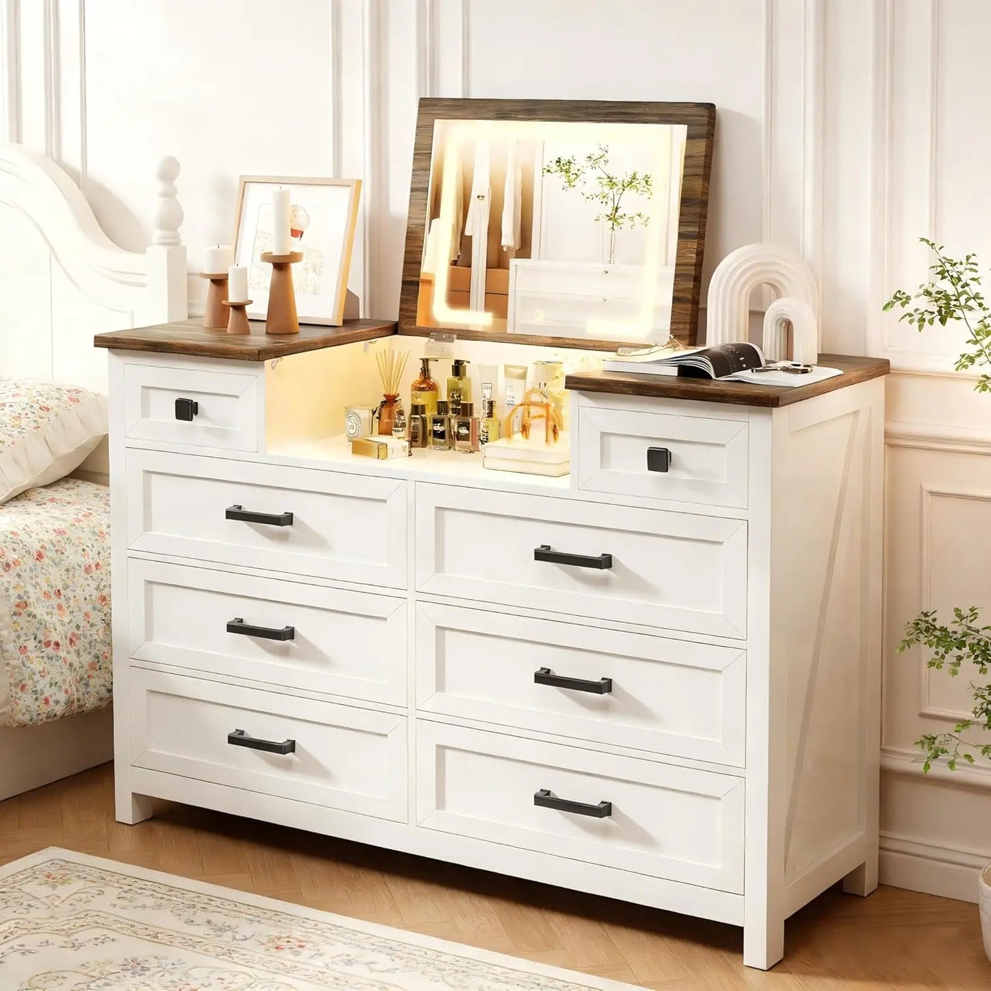 Farmho Dresser With Mirror And LED Vanity, 8 Drawer Wood Chest