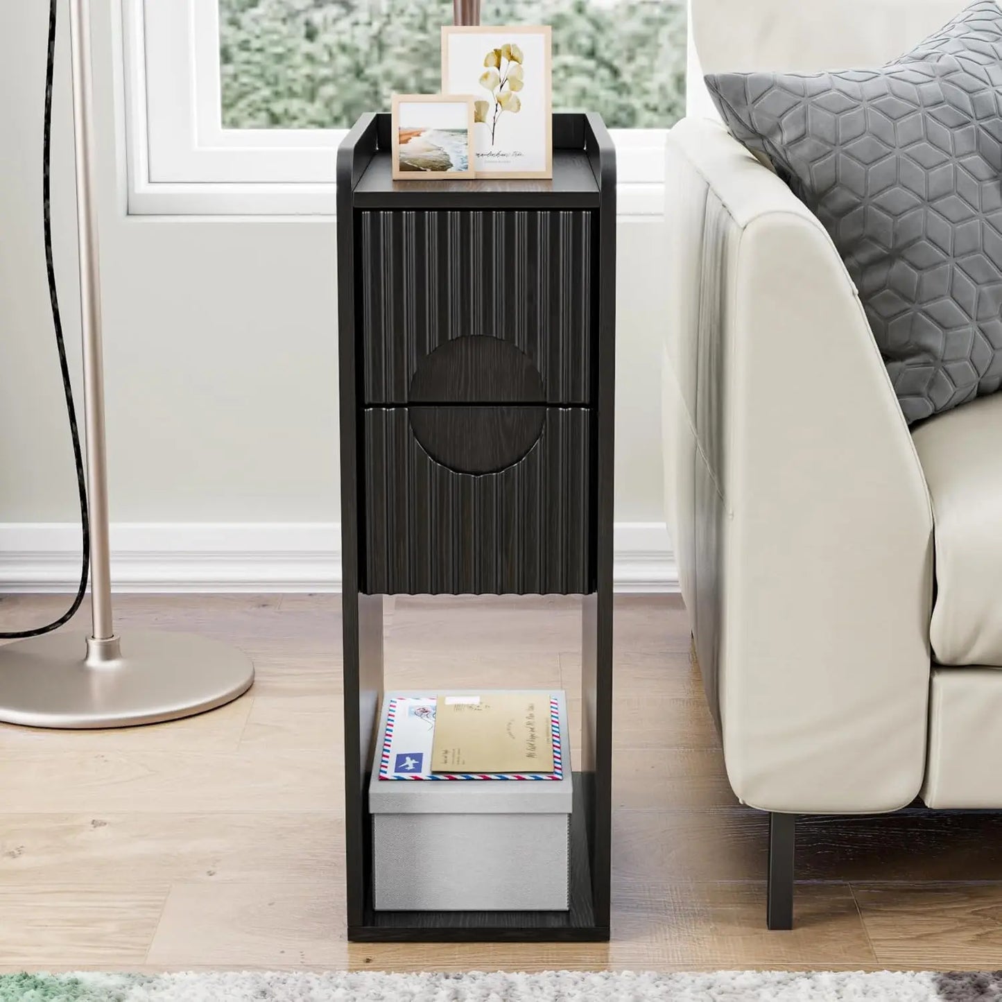 Narrow Fluted Nightstand Set Of 2 Wooden Two Drawer Bedside Tables