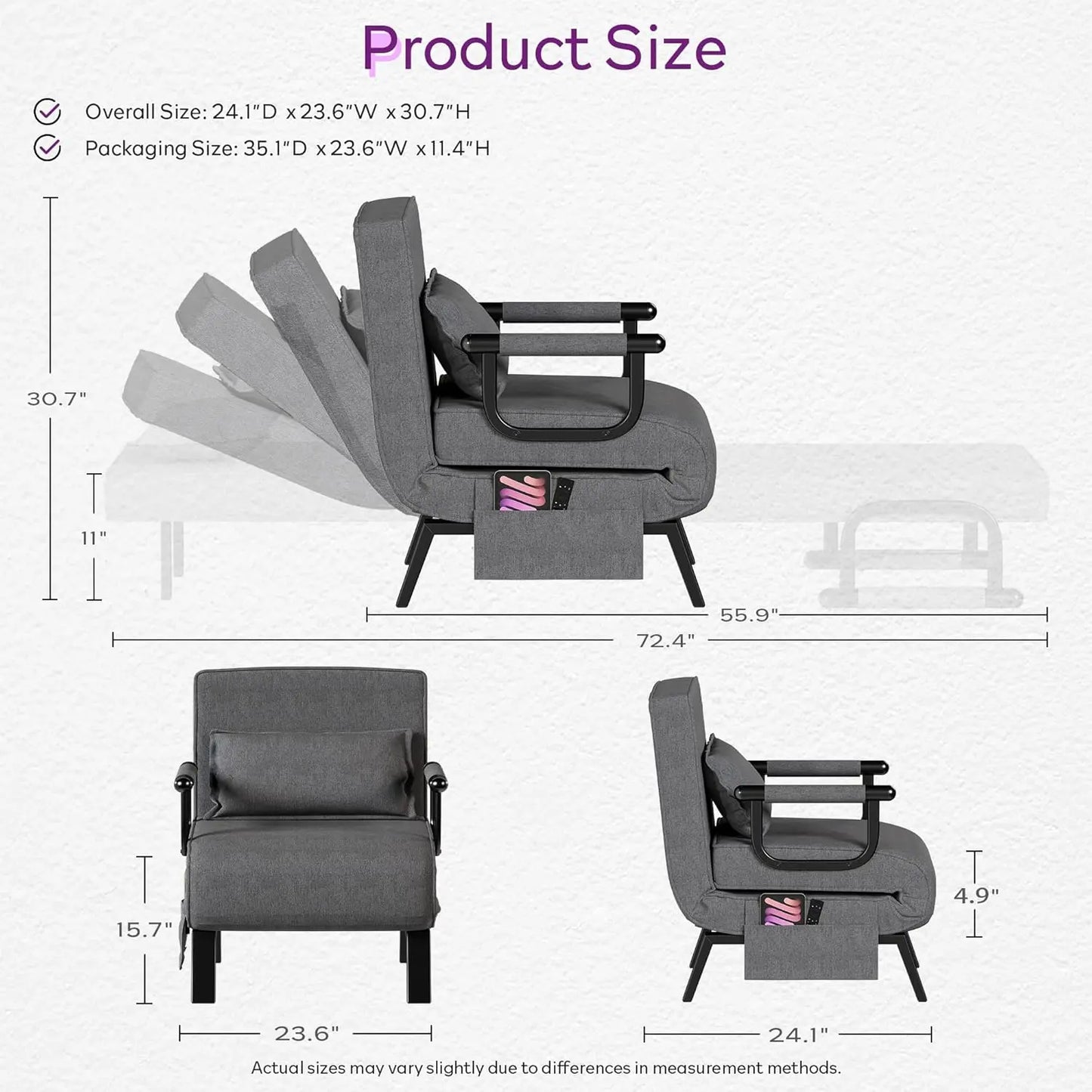 Convertible Sleeper Chair Bed Five In One With Adjustable Backrest Side Pockets