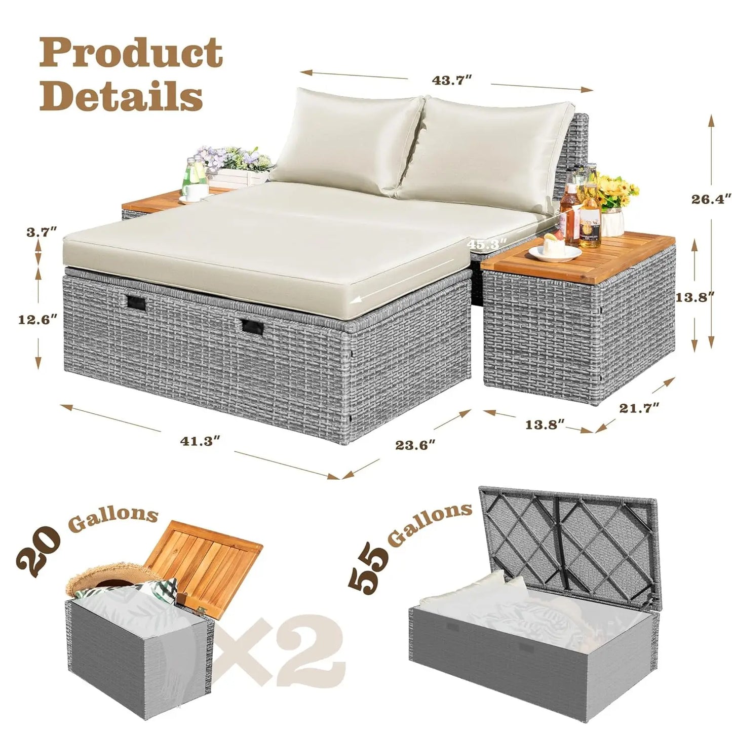 Outdoor Rattan Daybed With Side Tables And Storage Ottoman