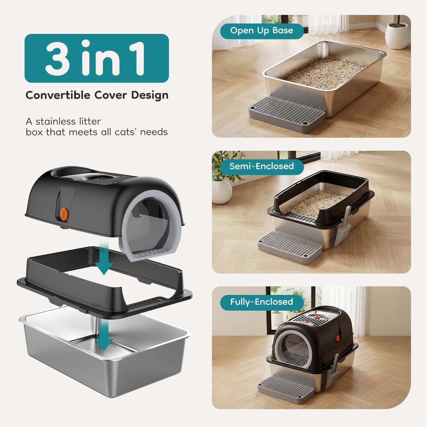 JHK Stainless Steel Cat Litter Box With Enclosed Design
