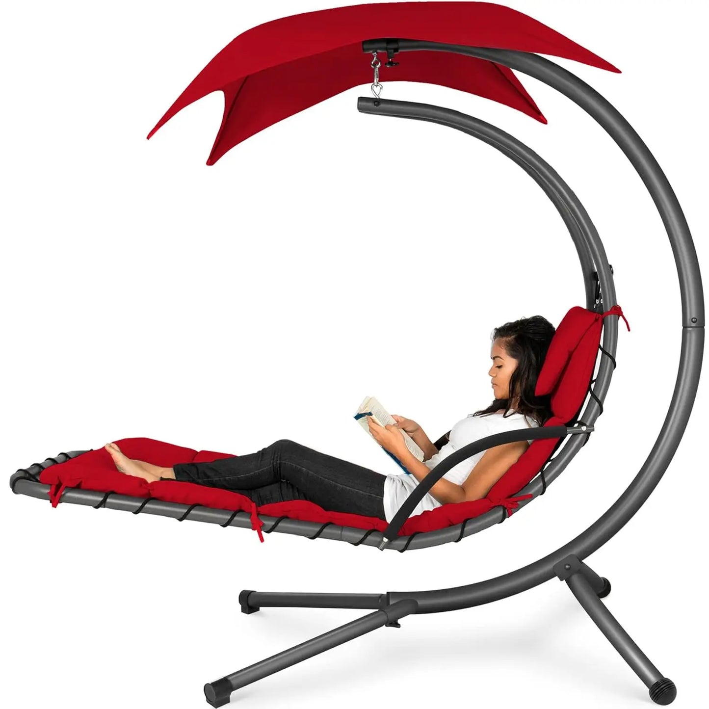 Curved Steel Outdoor Hanging Chaise Lounge Removable Canopy Pillow