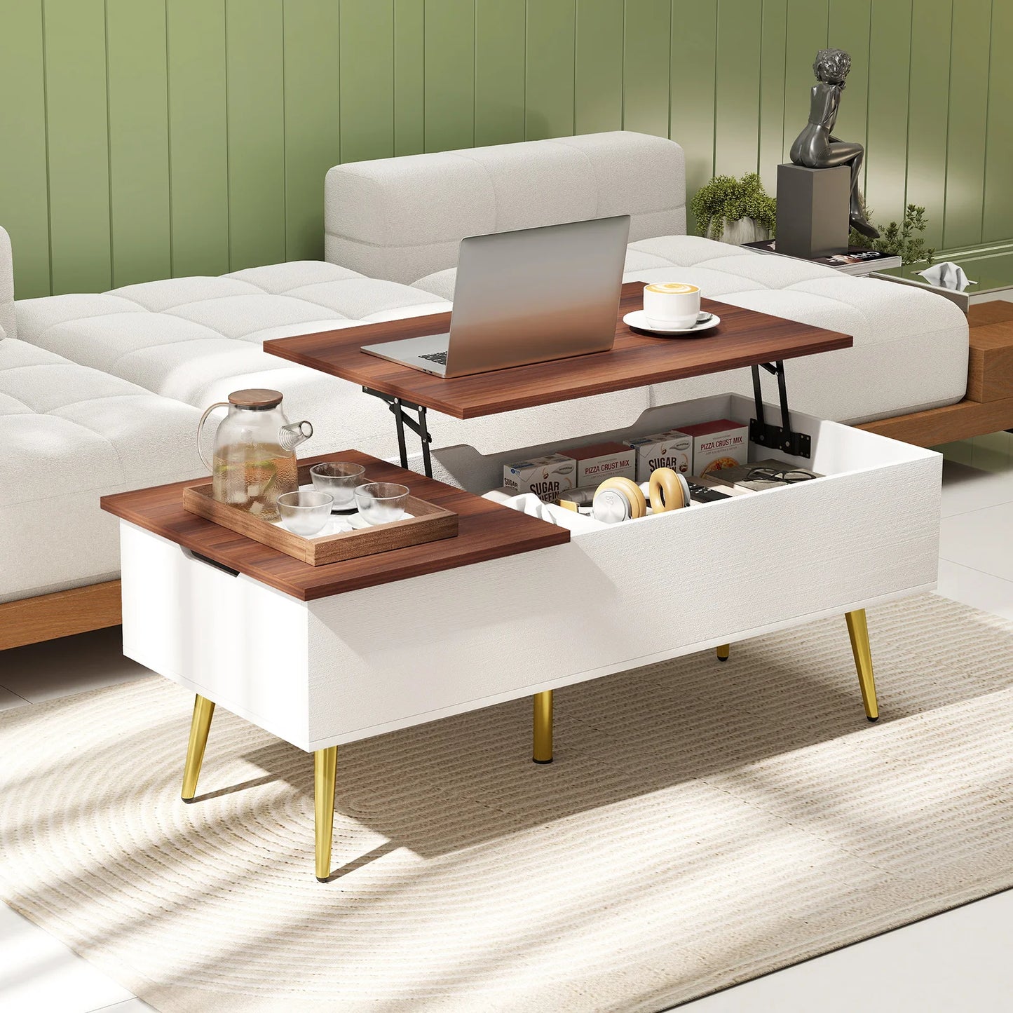 Homasis Lift Top Coffee Table With Twin Hidden Compartments