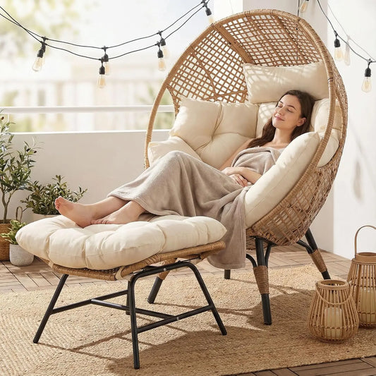 Egg Chair With Ottoman Indoor Outdoor Wicker Patio Lounge