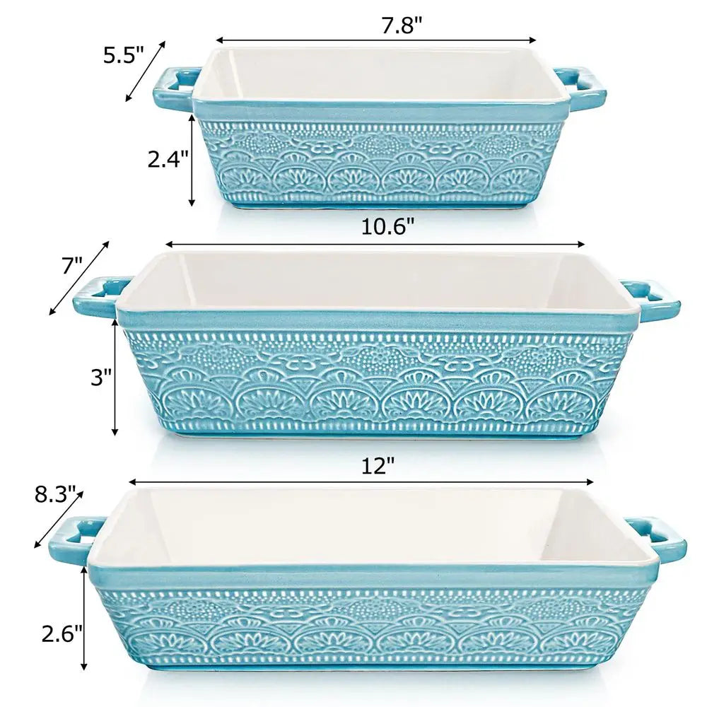 Ceramic Baking Dishes Set of 3, Rectangular Bakeware With Handles