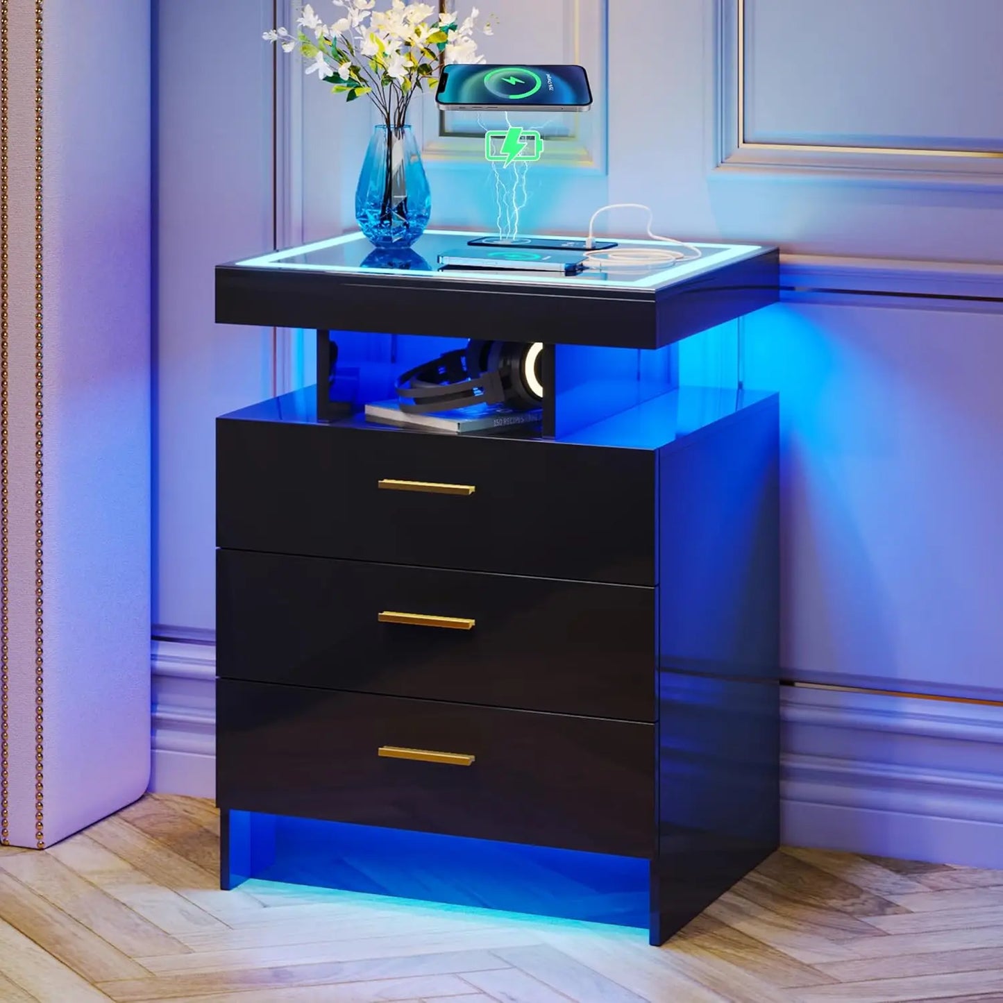 Wireless Charging Nightstand With Auto Sensor LED End Table
