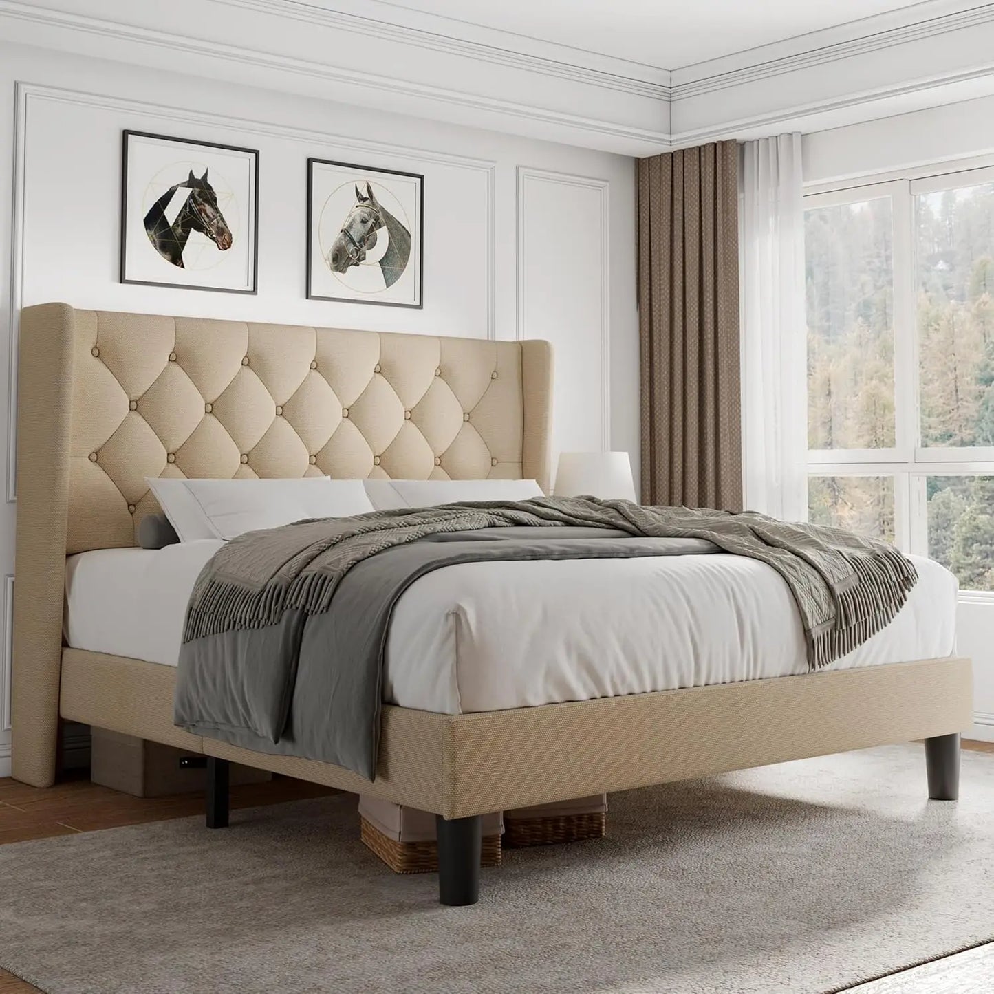 Velvet Platform Bed Frame Button Tufted Upholstered With Slats