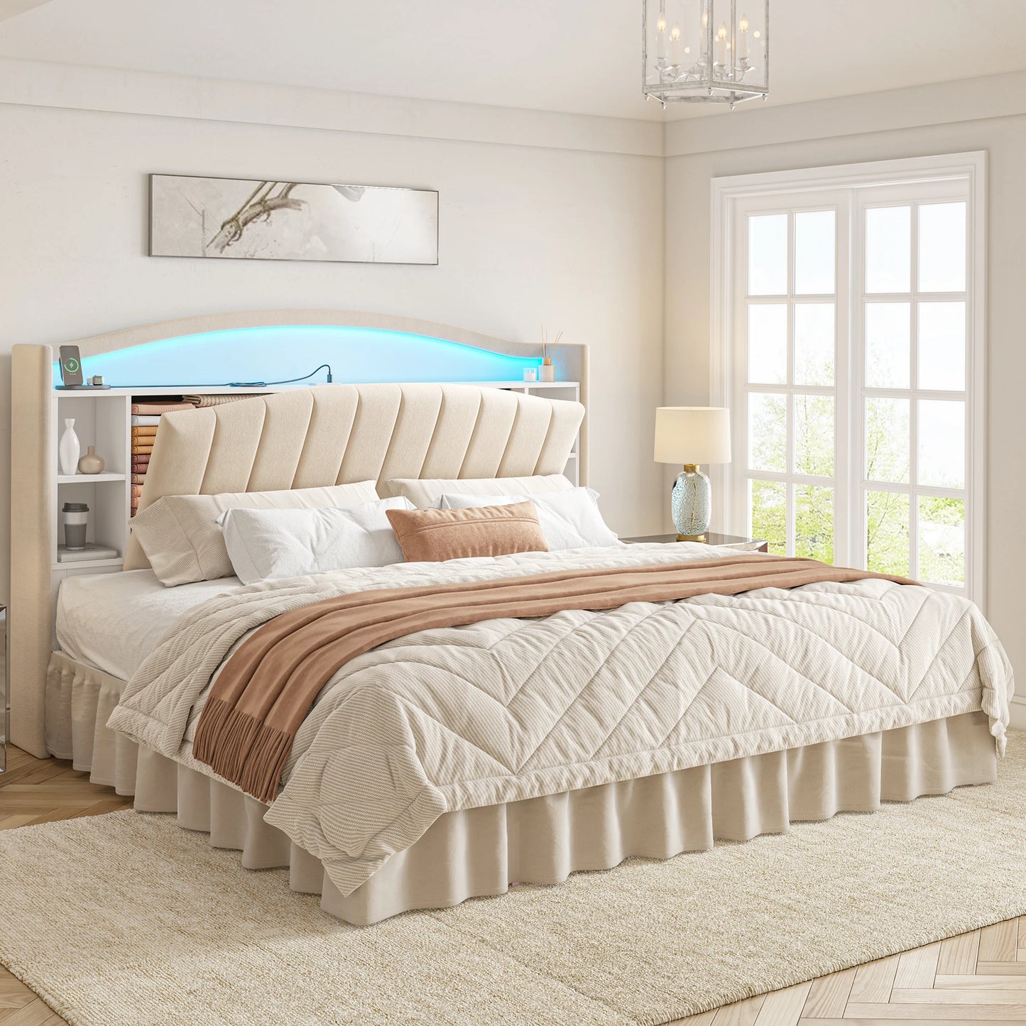 EnHomee Metal Bed Frame With Bookcase Headboard And Led Lighting