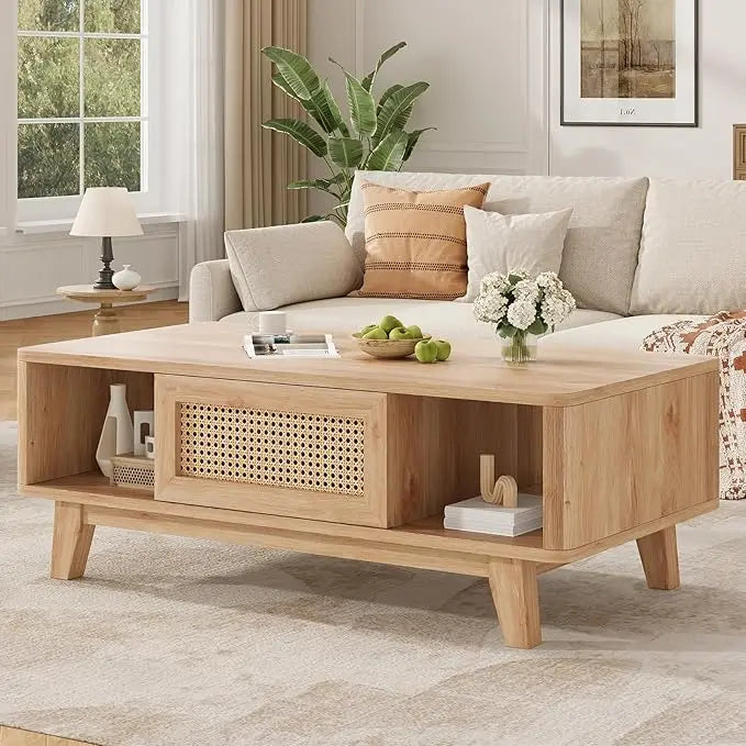 Farini Mid Century Modern Coffee Table With Rattan Drawer