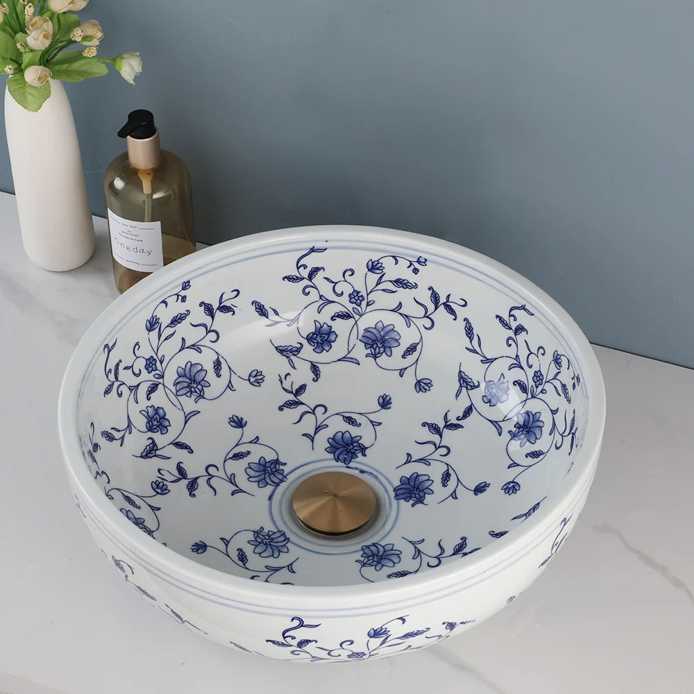 Mekkhala Ceramic Hand Painted Round Vessel Sink With Faucet