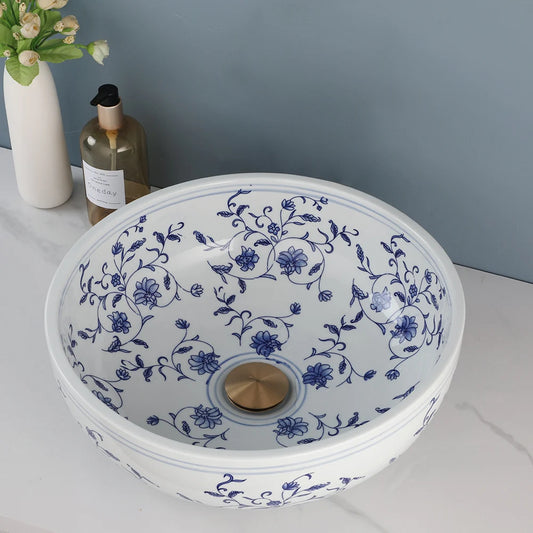 Mekkhala Ceramic Hand Painted Round Vessel Sink With Faucet