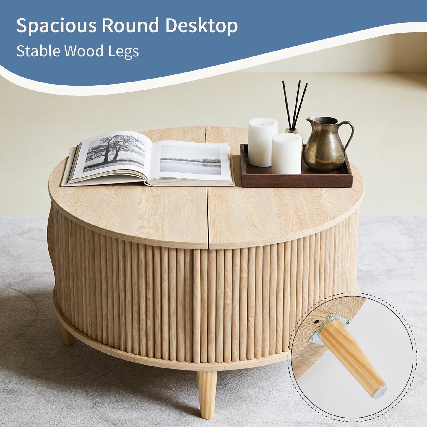 JHK Round Coffee Table With FlipTop Storage And Cabinet