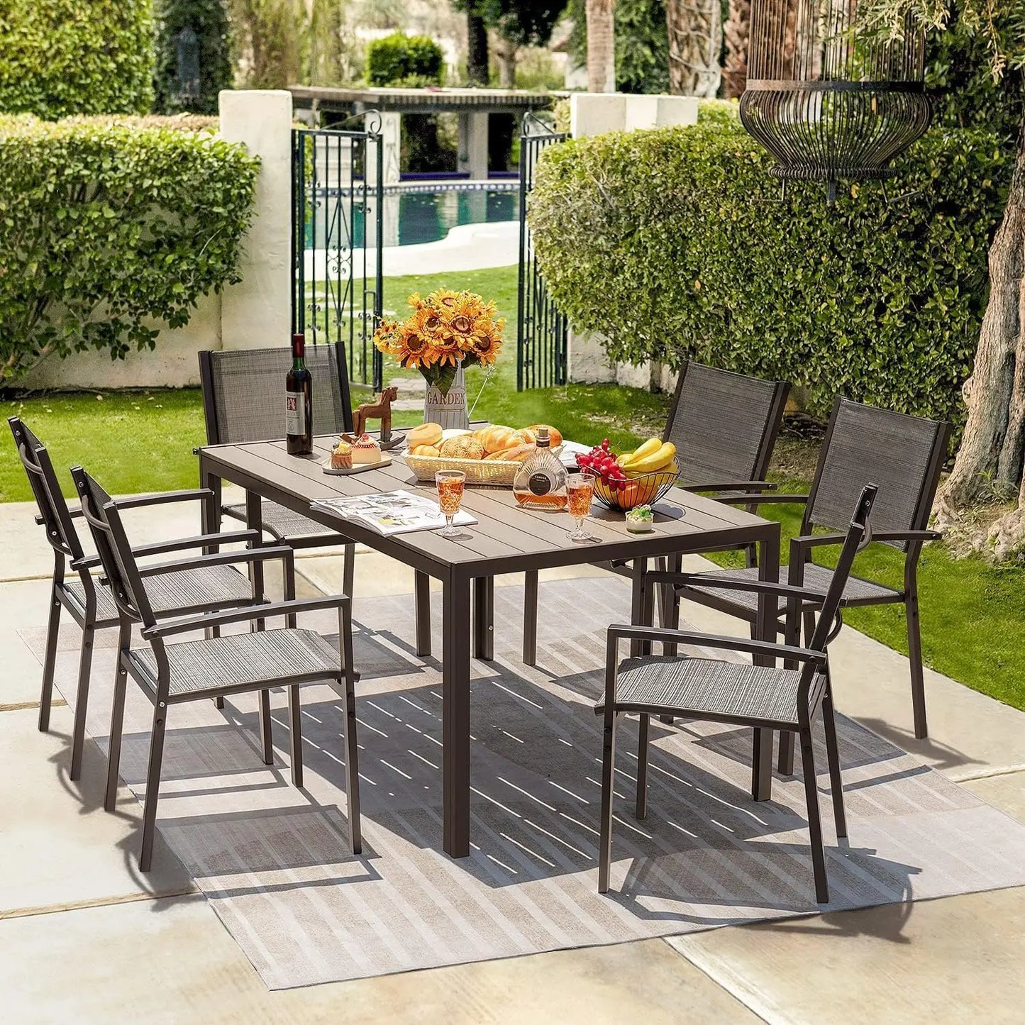 Outdoor Patio Dining Set 7 Pieces With Large Table And Textilene Chairs