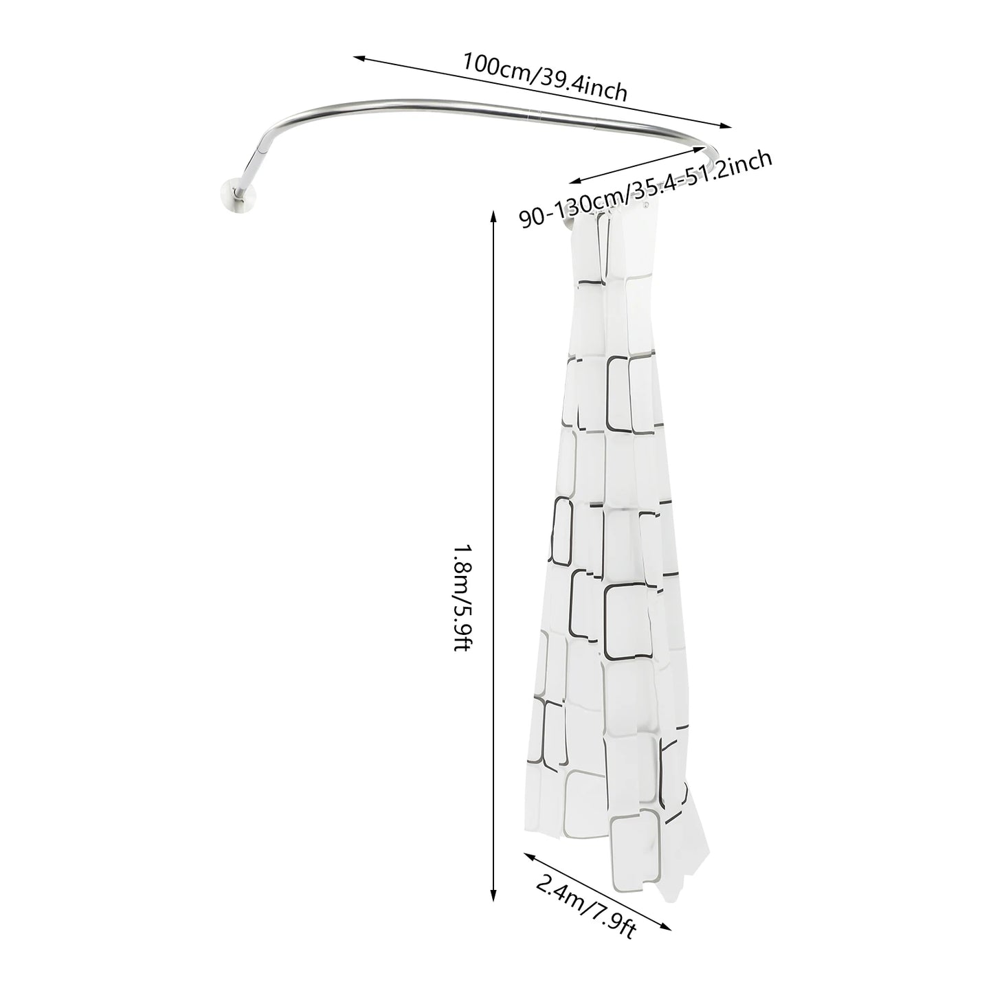 Stainless Steel Adjustable Shower Curtain Rod With Curtain Set
