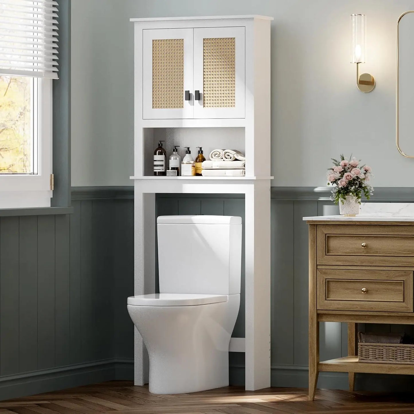Farmhouse Over Toilet Storage Cabinet With Natural Rattan Doors Adjustable Shelf