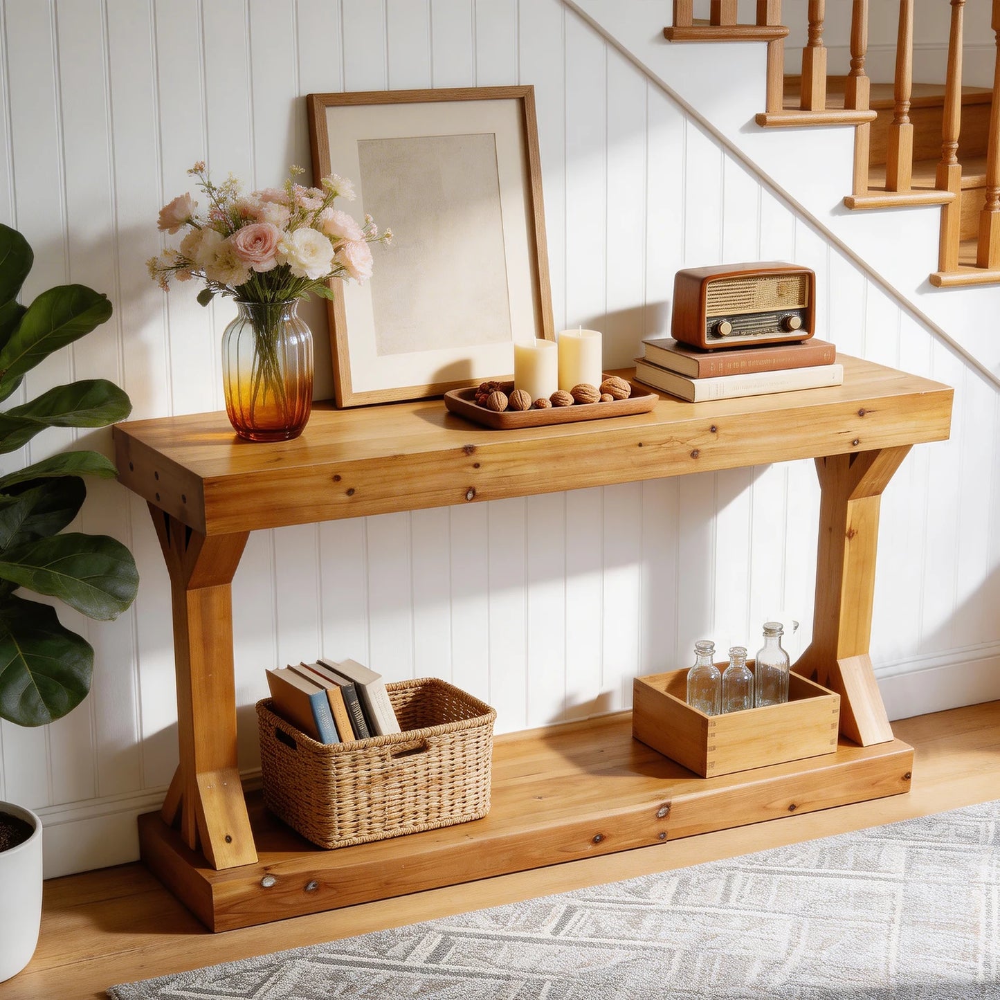 Luvodi Rustic Solid Wood Console Table With Storage Shelf