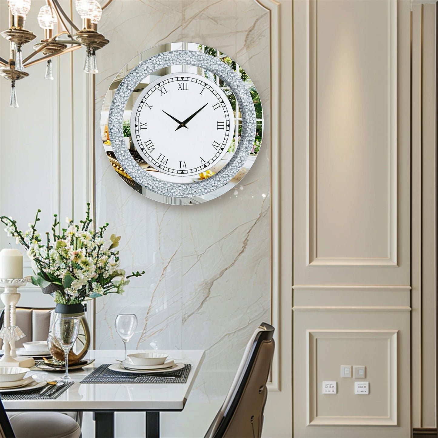 Round Mirrored Wall Clock Featuring Crystal Details And Alarm