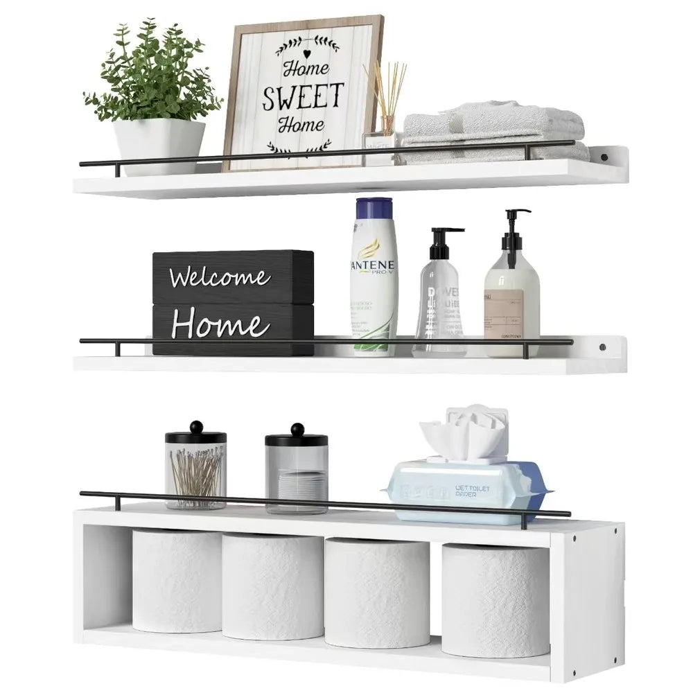 Wall Mounted Wooden Bathroom Shelf With Guardrail And Paper Rack