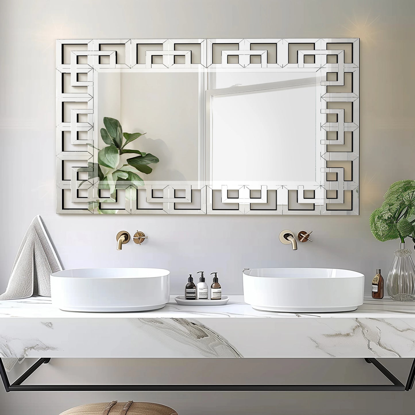 Venetian Style Rectangle Silver Wall Mirror With Beveled Glass Edge