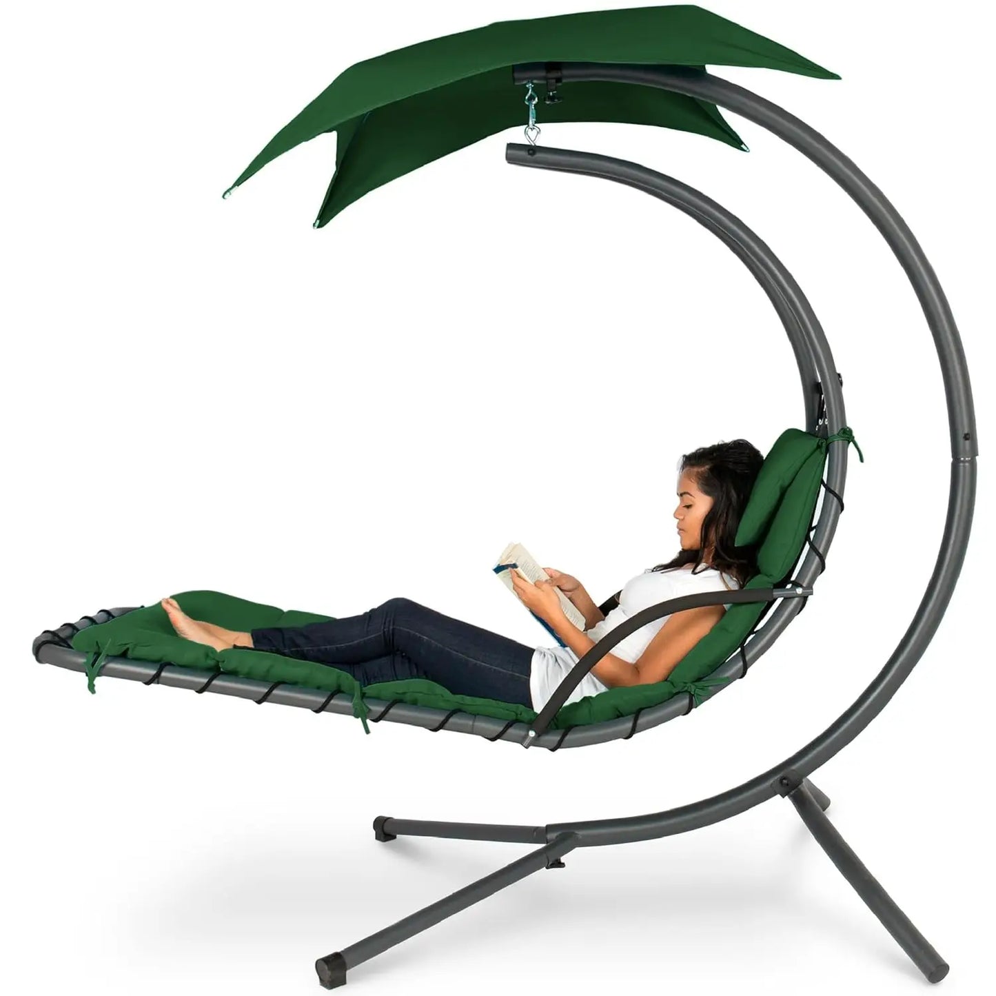 Curved Steel Outdoor Hanging Chaise Lounge Removable Canopy Pillow