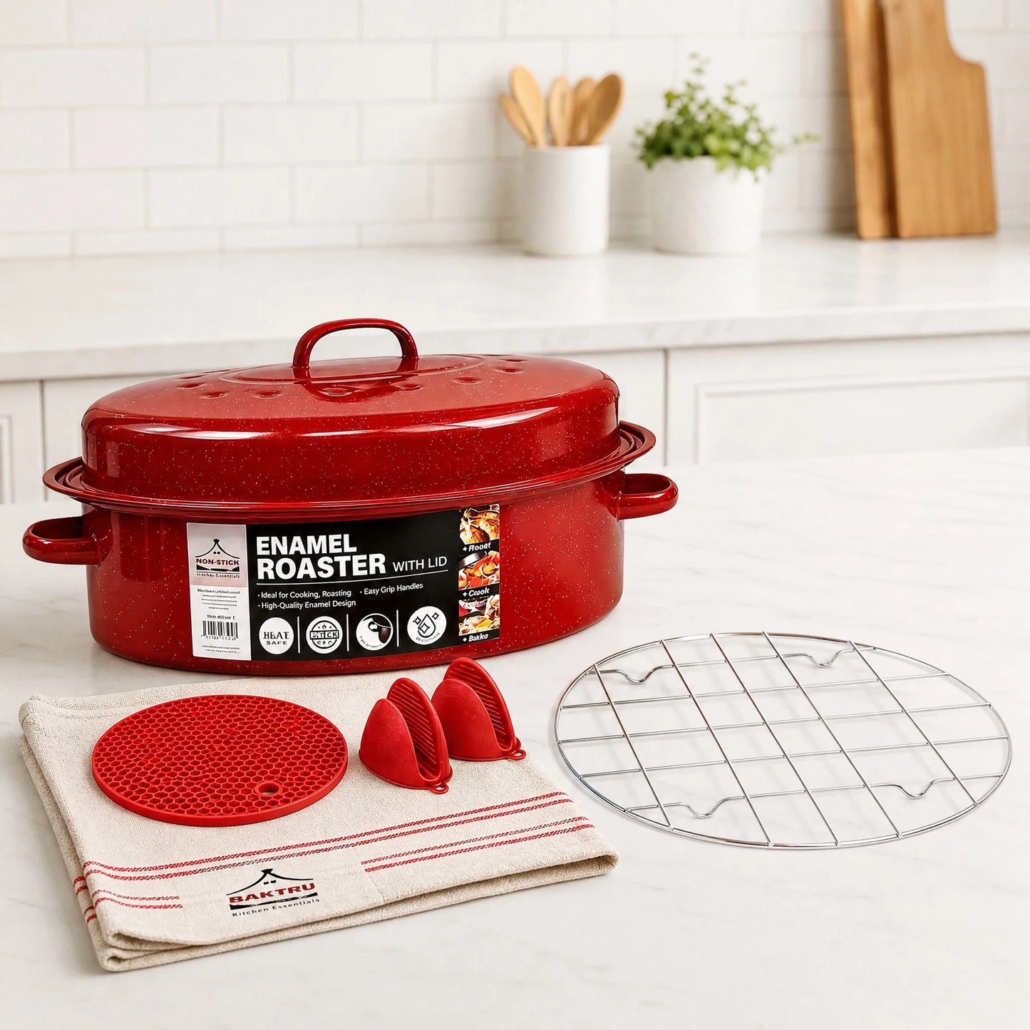 Enamel Carbon Steel Oval Roasting Pan With Lid For Turkey And Vegetables