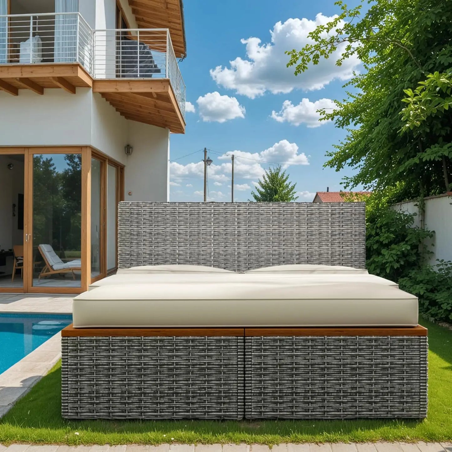 Outdoor Rattan Daybed With Side Tables And Storage Ottoman