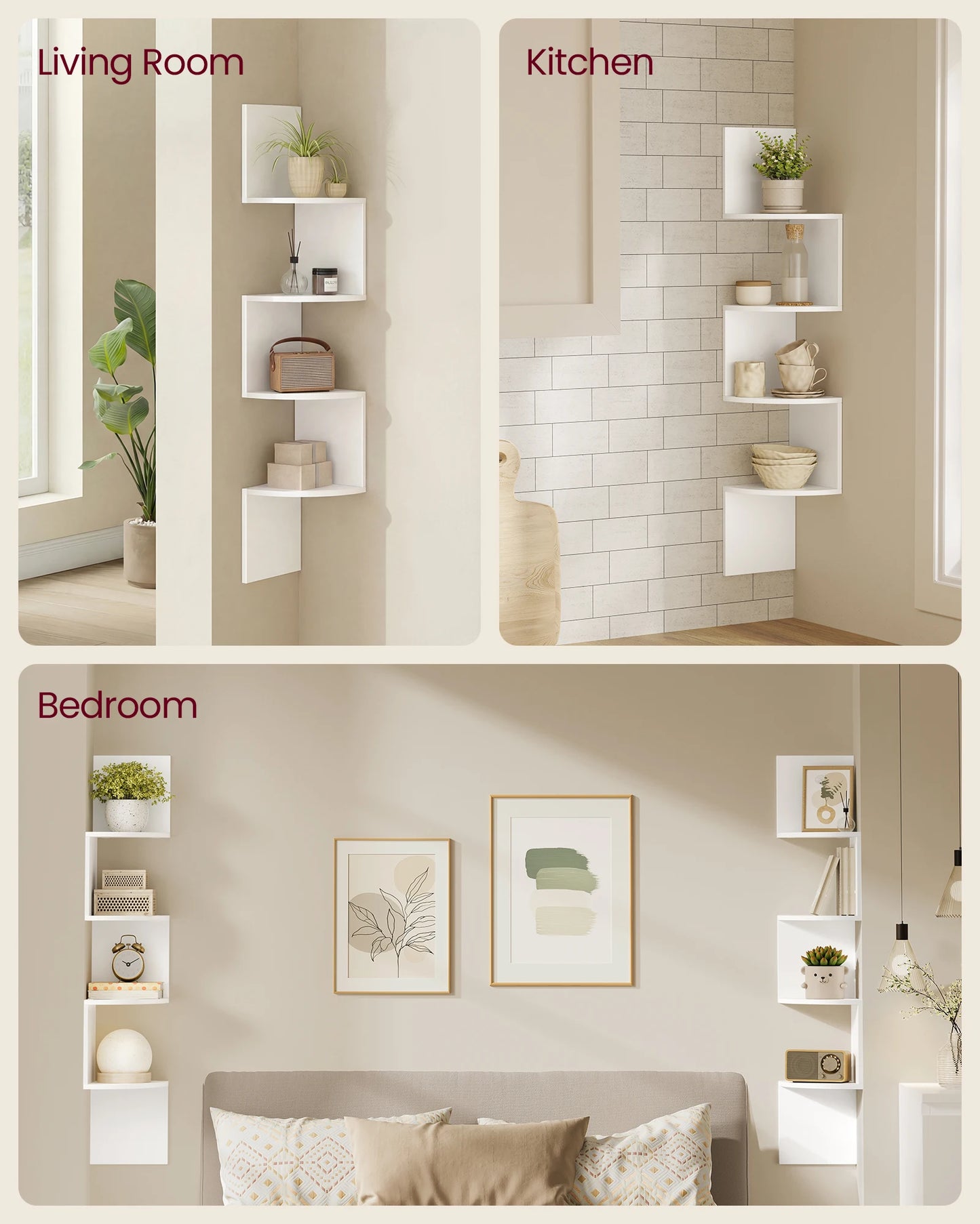 VASAGLE 4-Tier Corner Wall Shelves Set, Floating Bookshelves