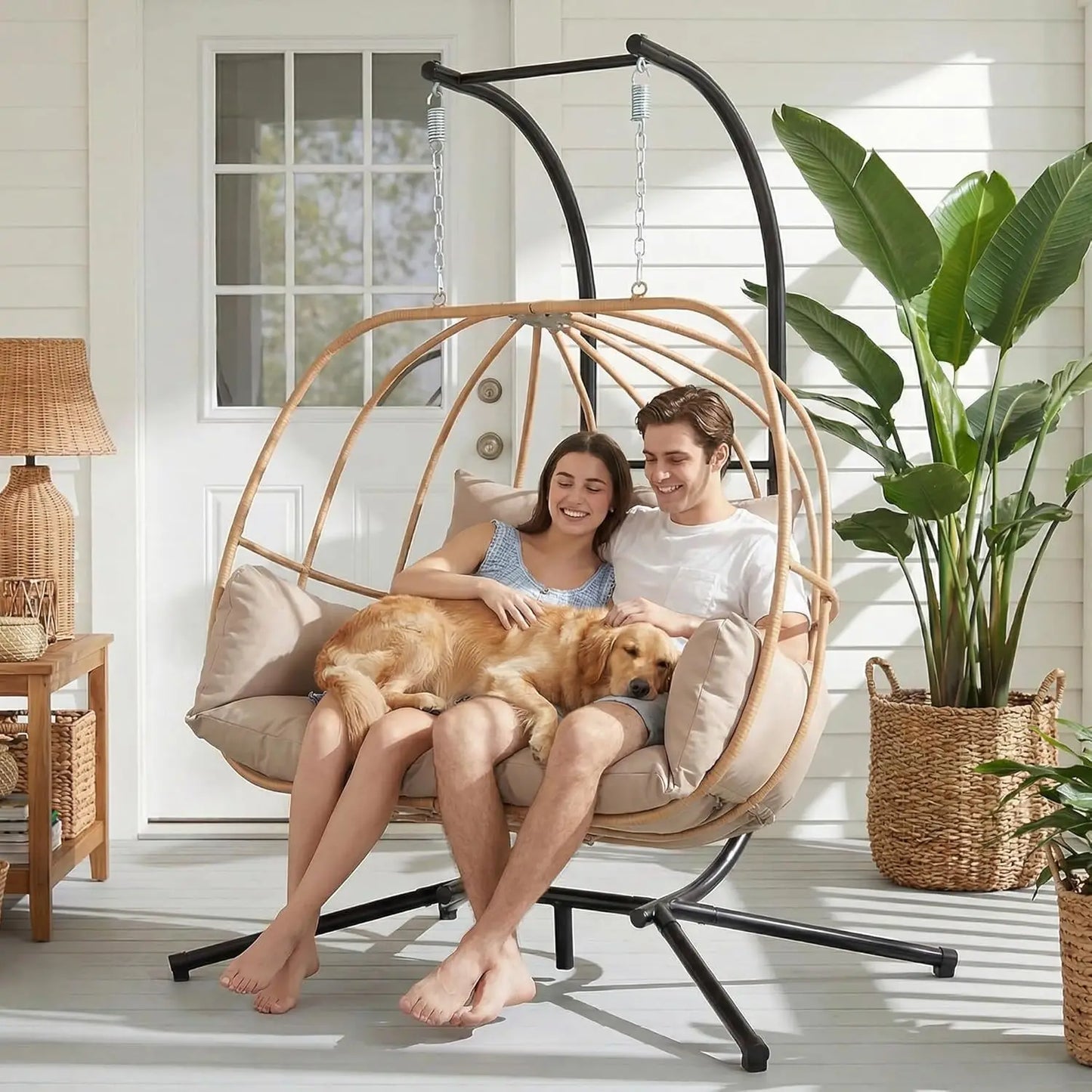 Double Egg Hanging Swing Chair With Stand Cushions Headrest