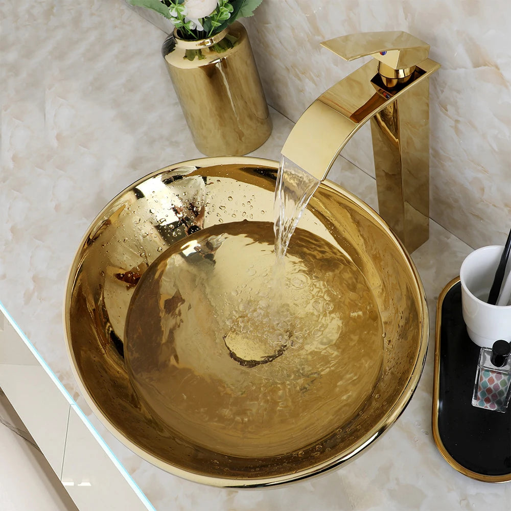 Kemaidi Ceramic Vessel Bathroom Sink With Polished Faucet