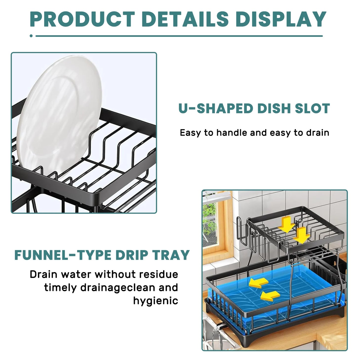 Two-Tier Dish Drying Rack for Kitchen Countertop with Removable Tray