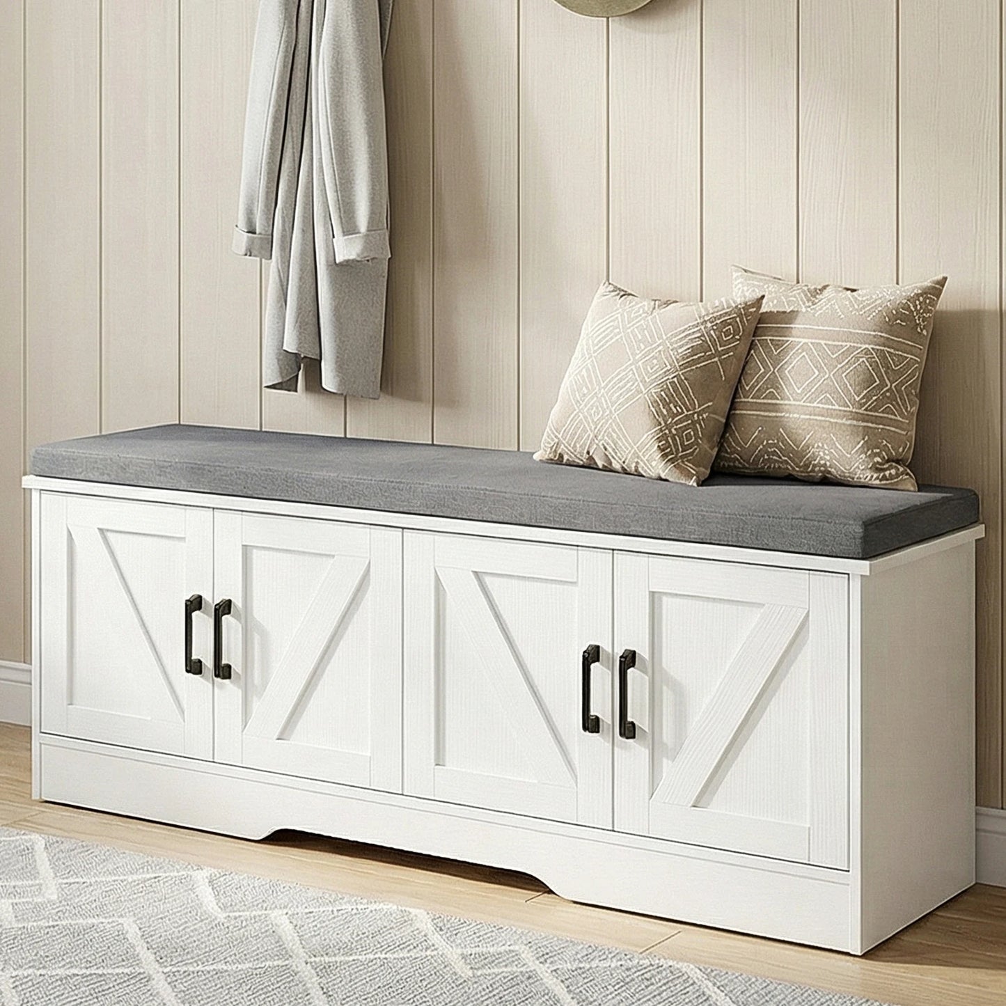 JHK Wooden Shoe Storage Bench With Padded Seat For Entryways