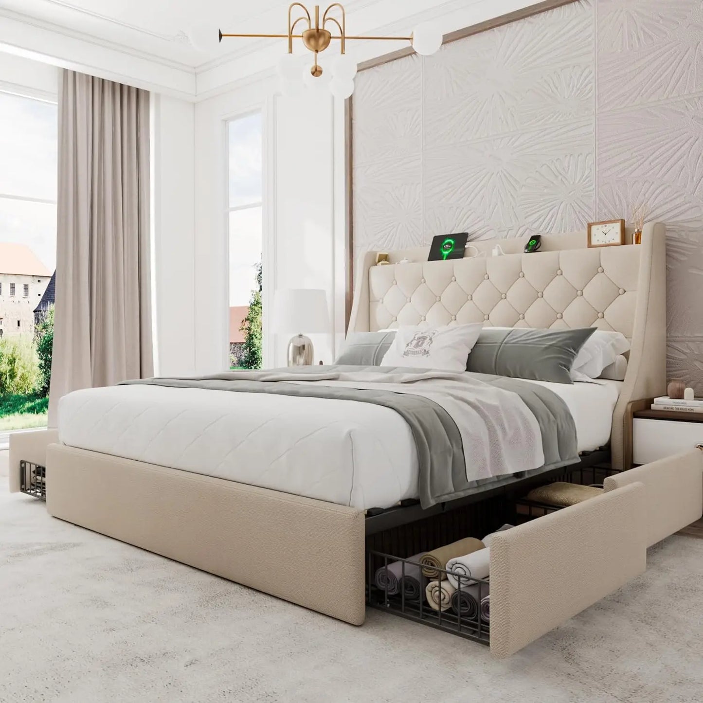 Upholstered Bed Frame With Storage Drawers And USB Charging Station