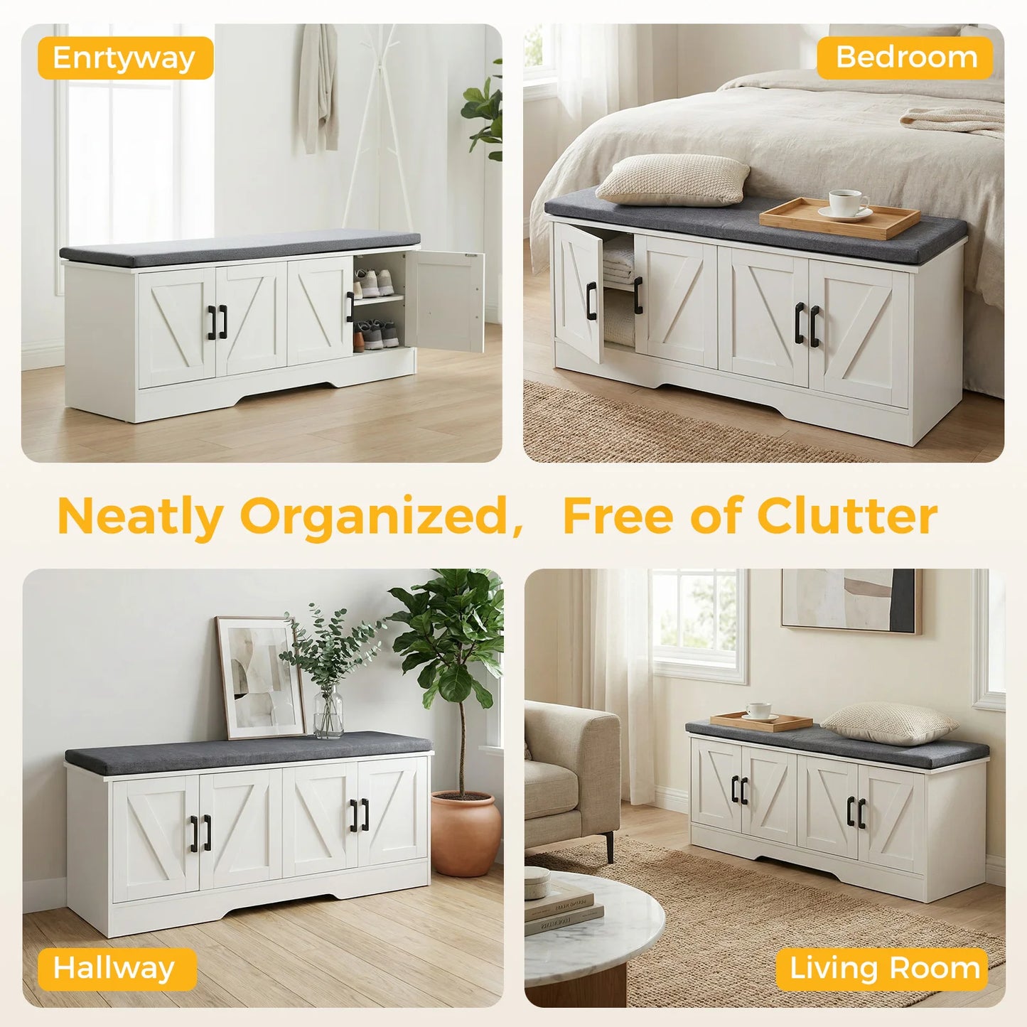 JHK Wooden Shoe Storage Bench With Padded Seat For Entryways