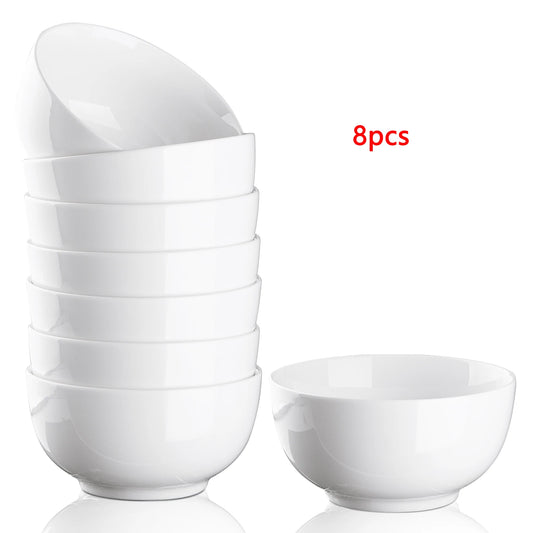 Porcelain Bowls Set Eight Pack Premium White Ceramic Microwave Dishwasher Safe