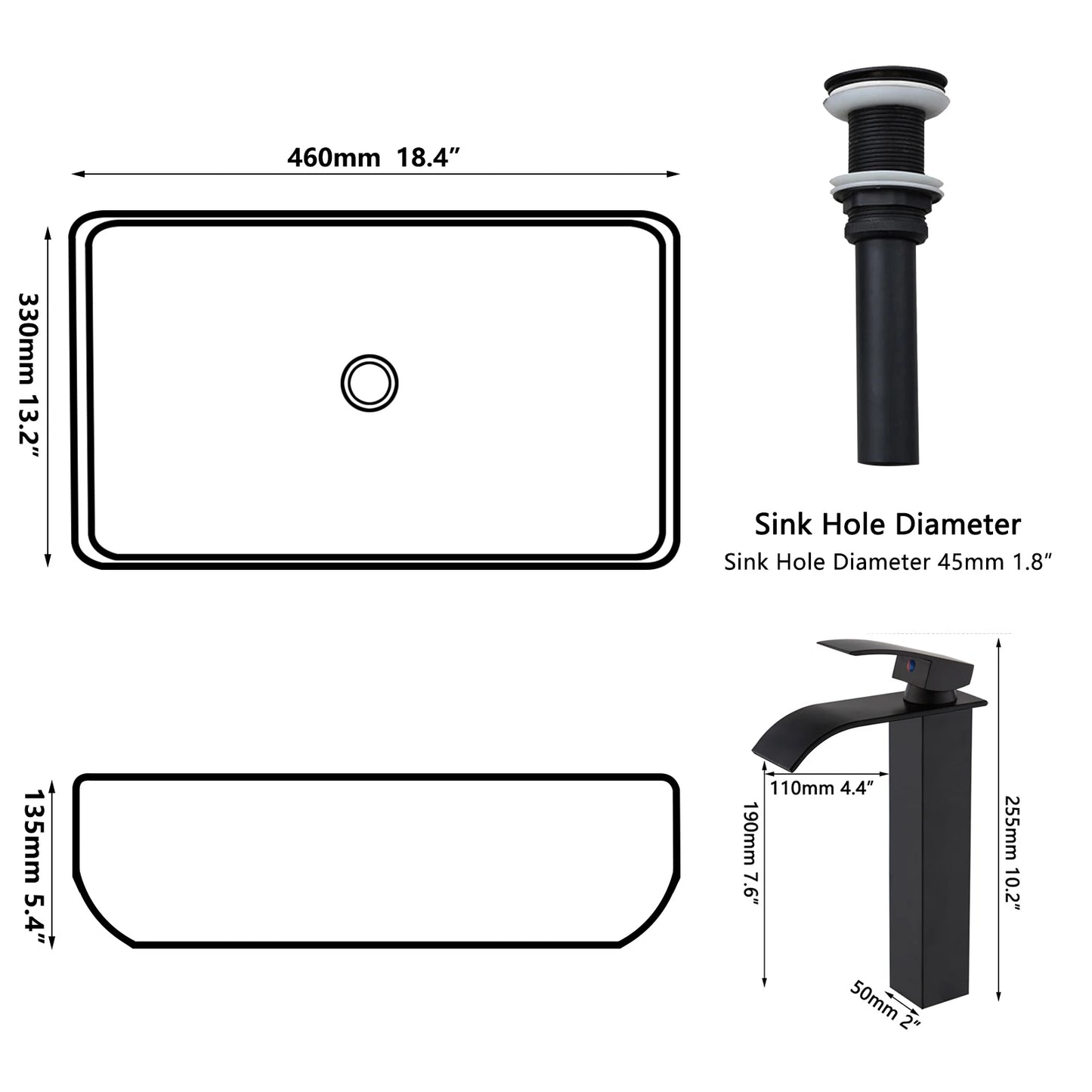 Mekkhala Rectangular Ceramic Vessel Bathroom Sink Set With Drainer