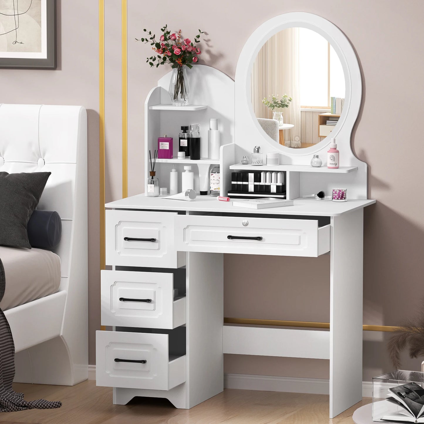 Modern Wooden Makeup Vanity Table With Mirror And Four Drawers