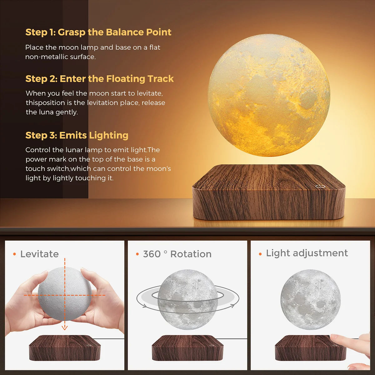 Mexllex Magnetic Floating Moon Lamp With Wooden Base 3 Color LED Night Light