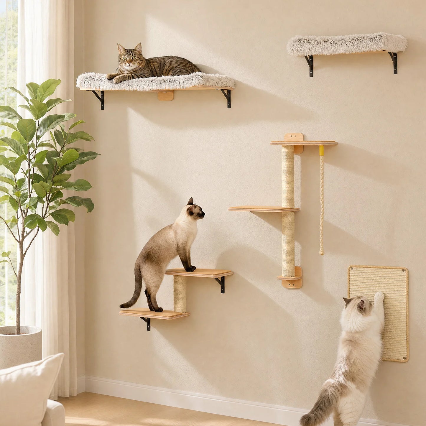 PAWZ Road Wooden Cat Wall Shelves With Sisal Scratching Posts